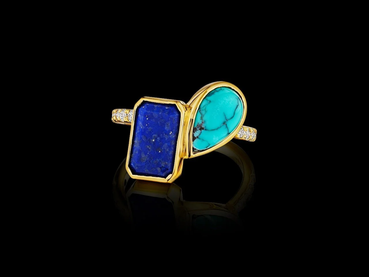 18k yellow gold lapis lazuli, turquoise and diamond ring.