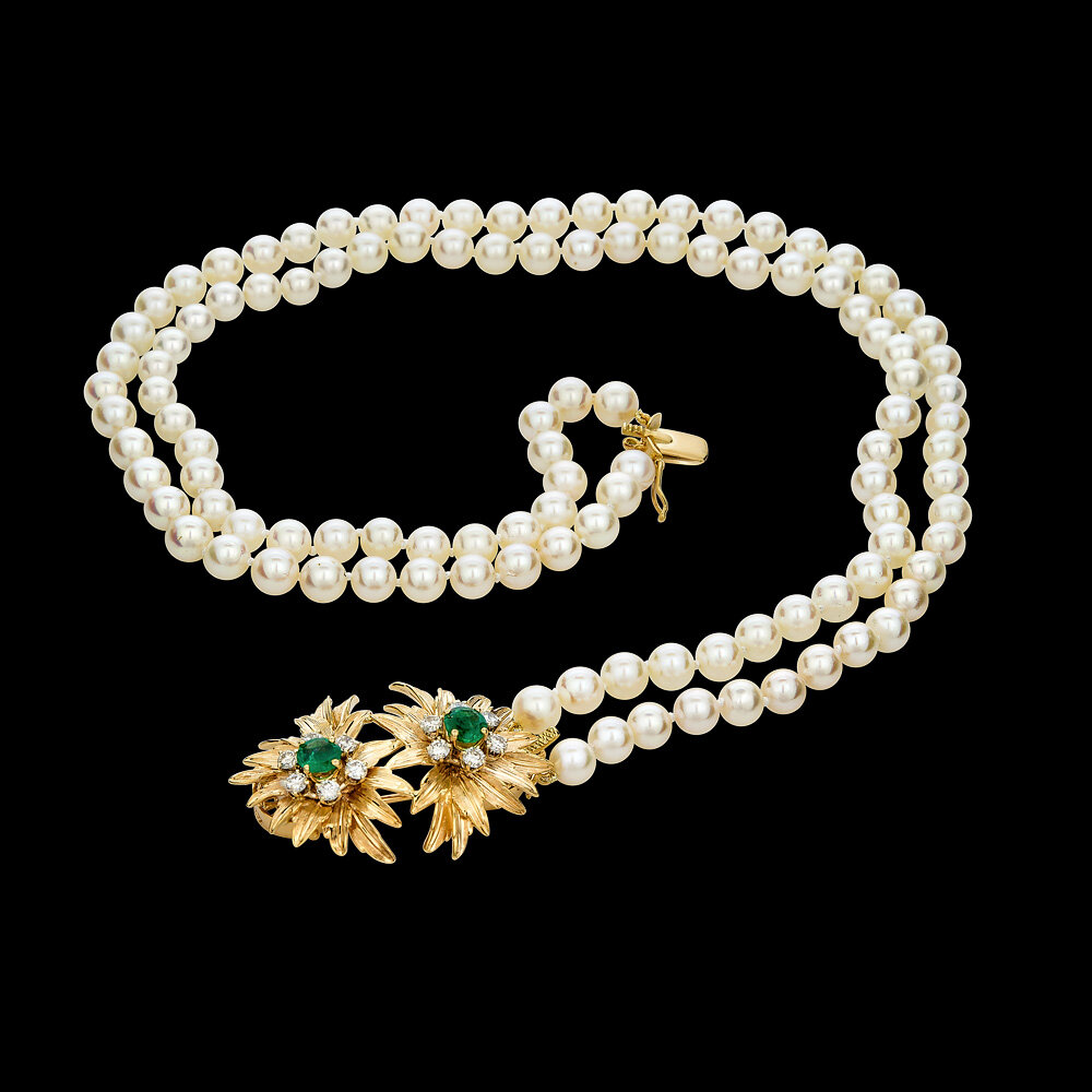 Double Strand Pearl Necklace with Handmade Emerald and Diamond Clasp.jpeg