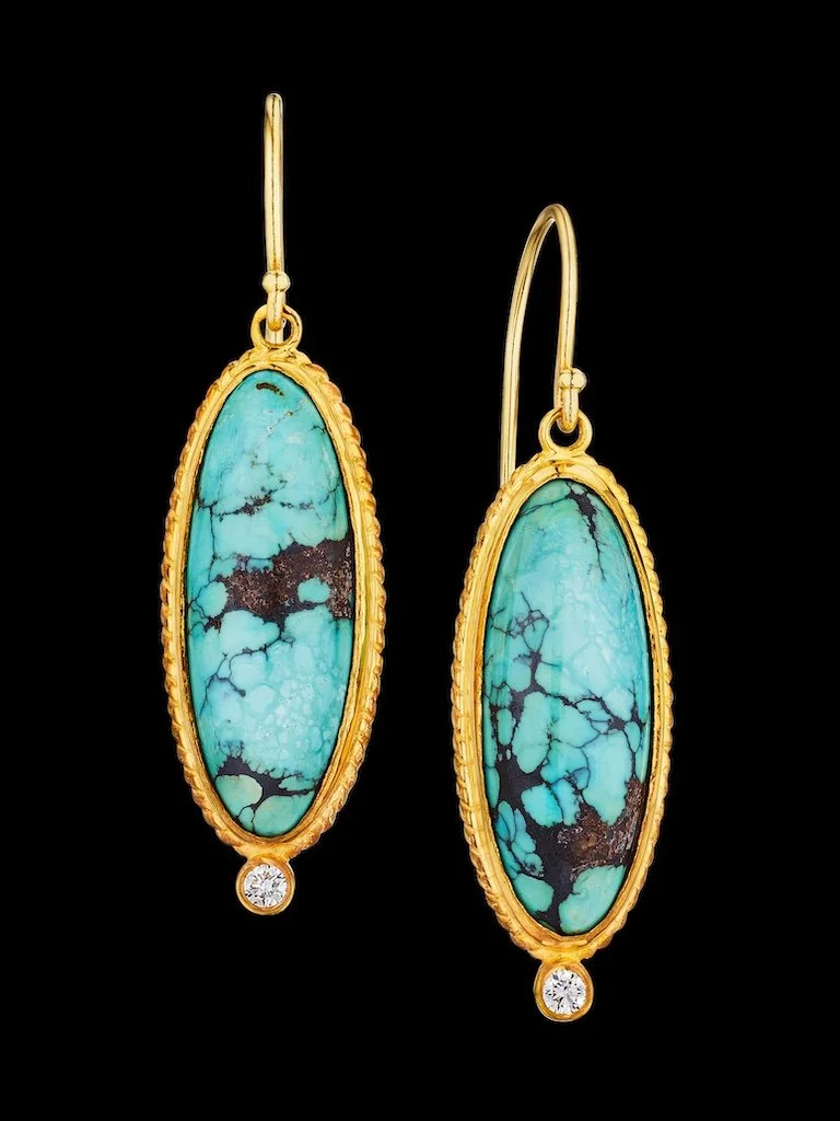18k yellow gold turquoise and diamond earrings.