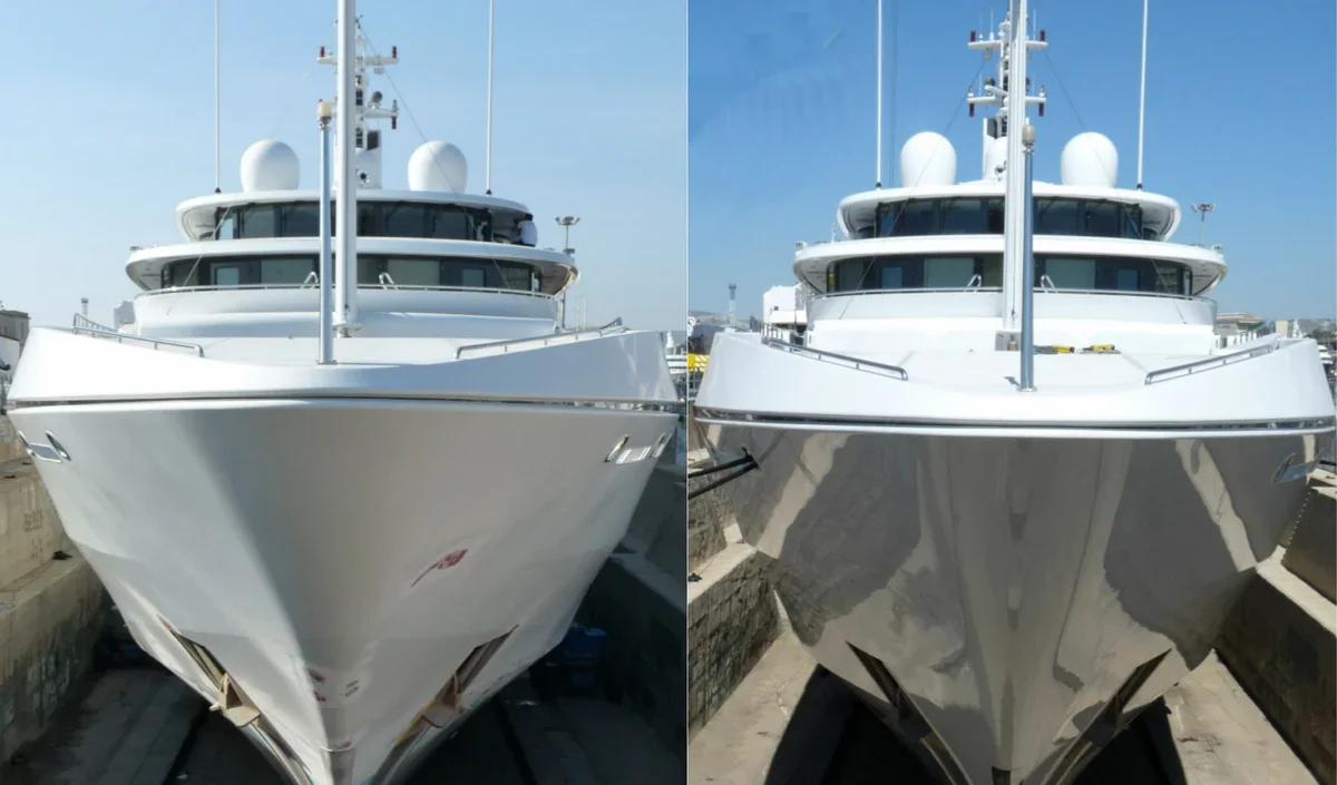 Side-by-side comparison of a large white yacht in a dry dock, showing a clean, shiny hull from the front.