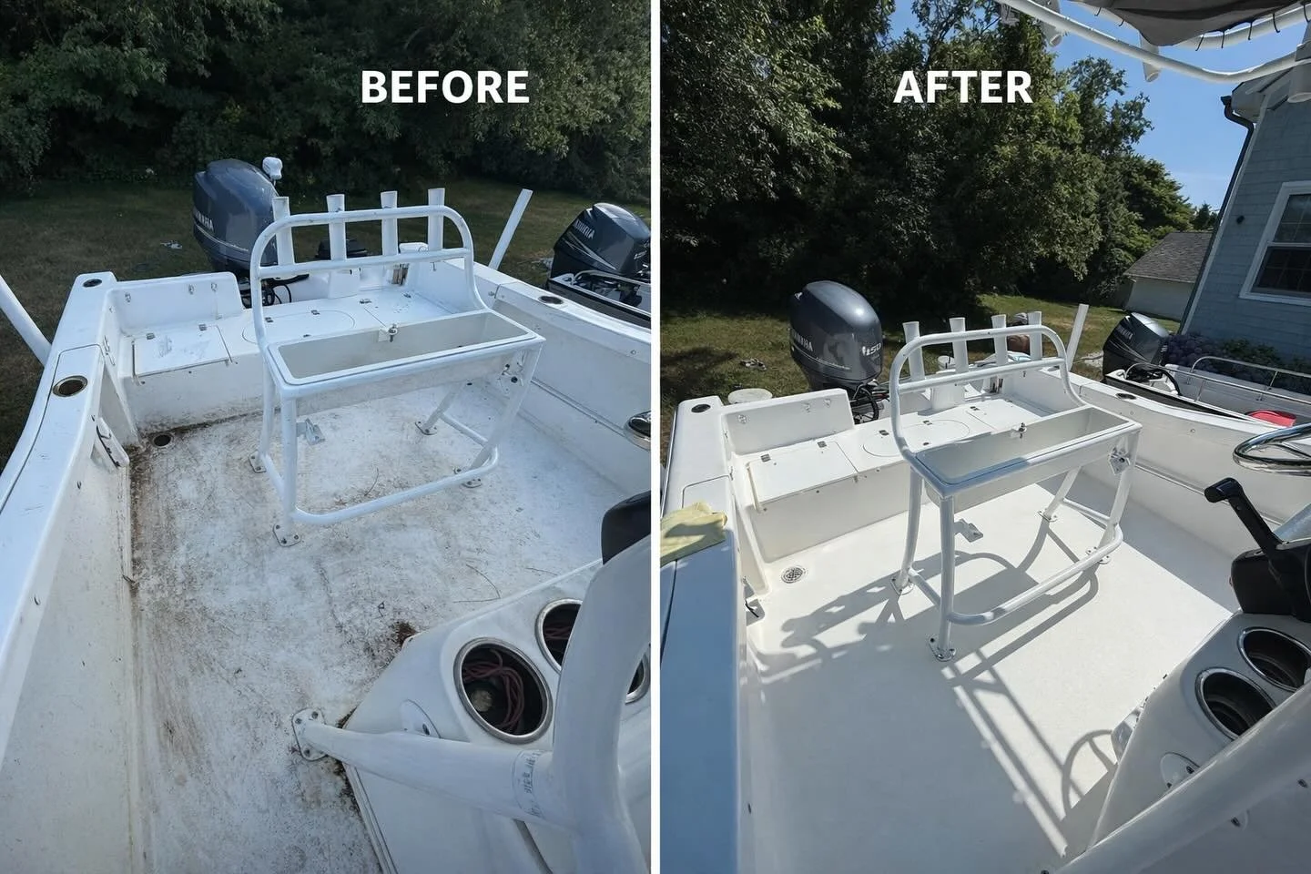 From dull to showroom shine ✨ This before &amp; after says it all. Professional detailing that restores gloss, protects your finish, and brings your boat back to life.🛥️

Contact Us: 
📞 (609)-354-7041
📧 info@starboardcleaning.com

Our Website link
