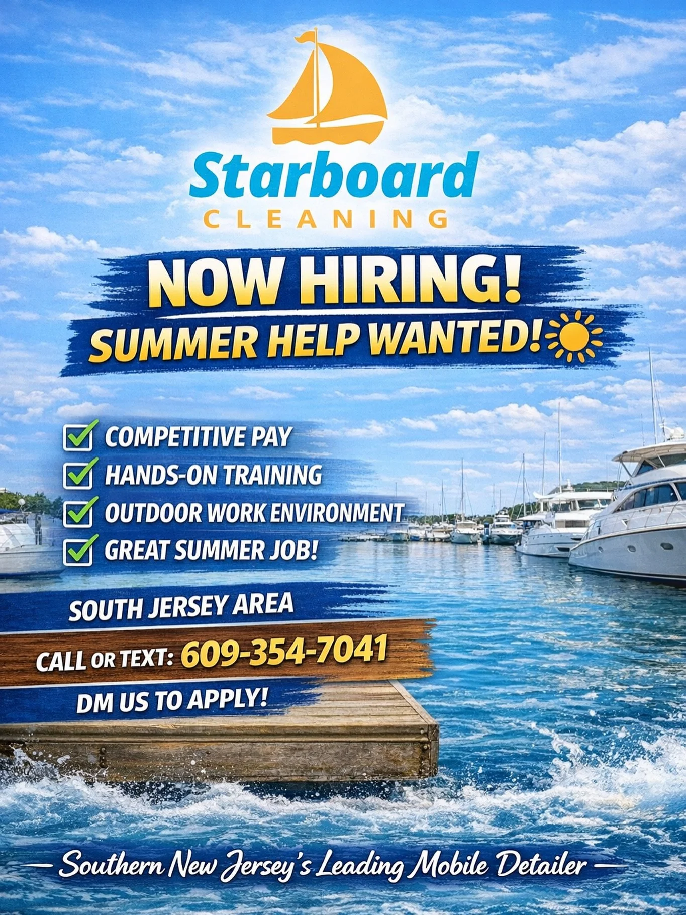 Now hiring summer help! 

Competitive pay✅
Hands-on training✅
Growth opportunities✅
Strong team culture✅

Contact Us Today:
📞 (609)-354-7041
📧 info@starboardcleaning.com