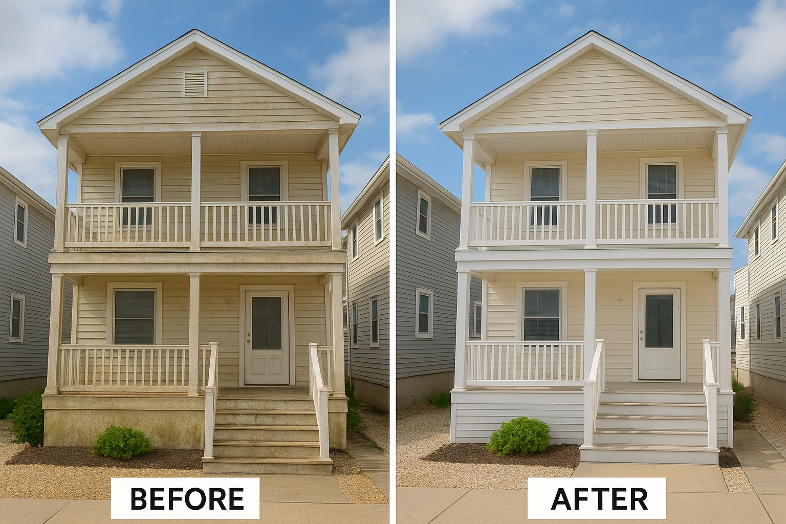 Side-by-side comparison of a three-story house before and after renovation. The "before" side shows a house with yellowish, weathered siding and dirty steps. The "after" side shows the same house with clean, white siding, freshly painted trim, and bright, clean steps. Both sides feature similar porches with white railings, steps, and a small green bush at the front.