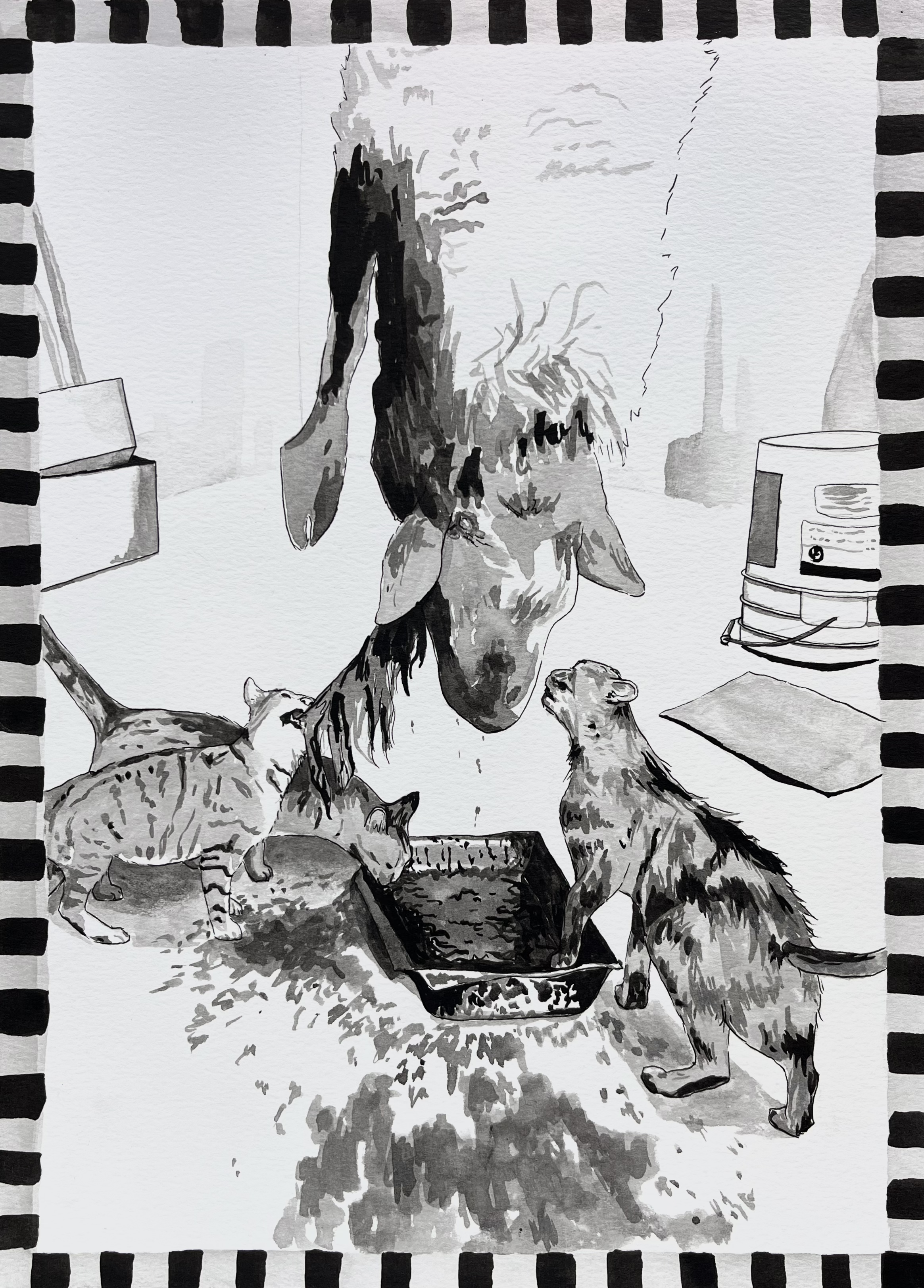 "The Vultures," pen and ink on paper, 2024