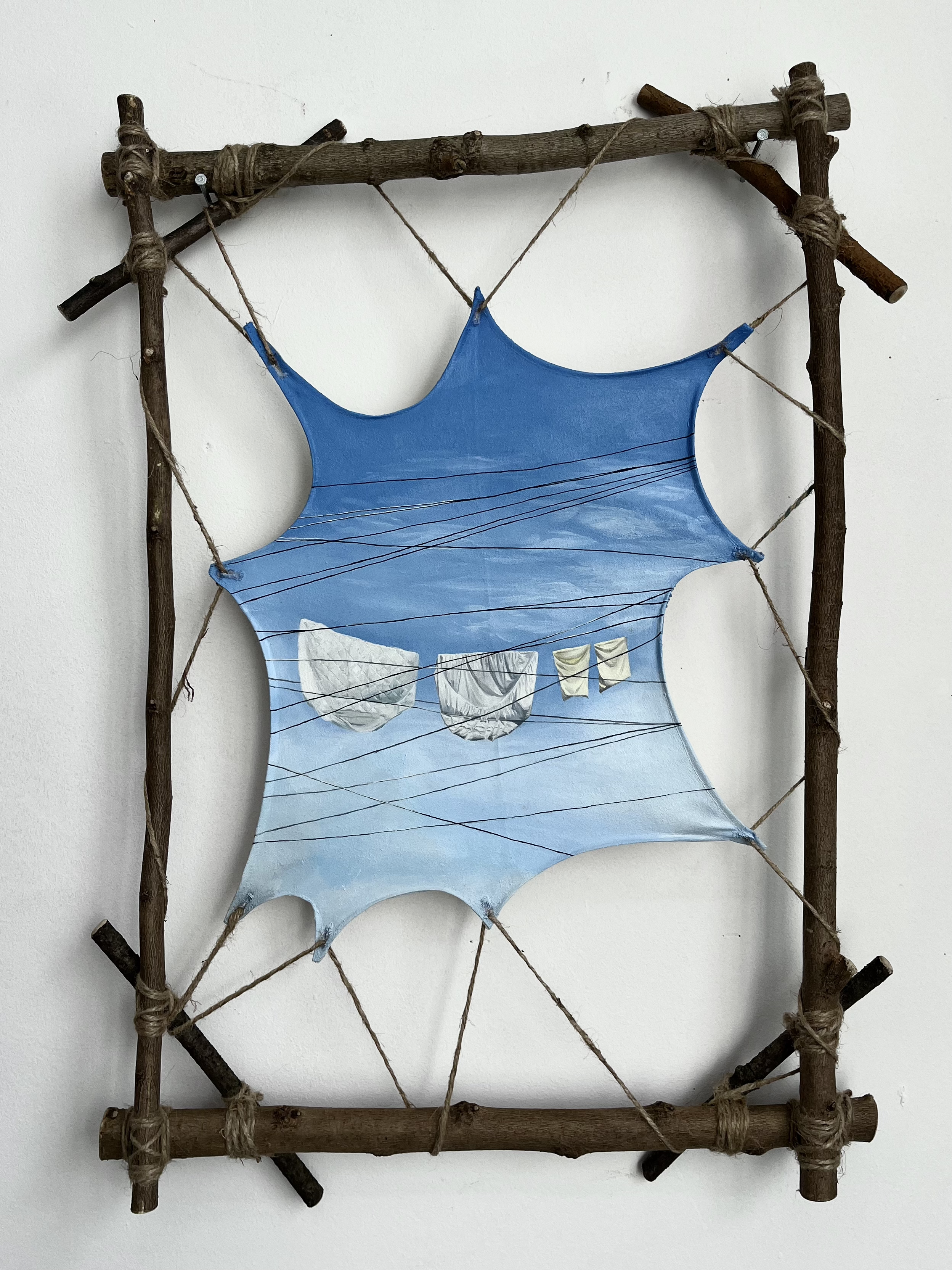 "All My Convergences," oil paint on linen, wood, jute twine, 2025