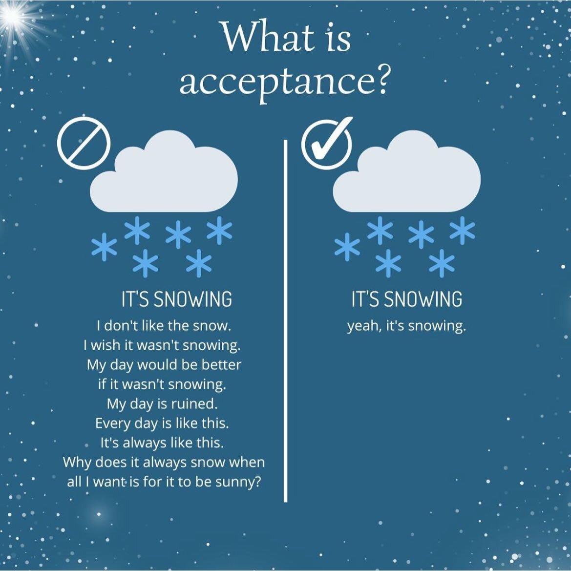 Acceptance is a practice of acknowledging things as they are, instead of ignoring, avoiding, or wishing the situation were different. Acceptance does not mean liking, wanting, or choosing a situation or thought. 

Through acceptance, we release resis