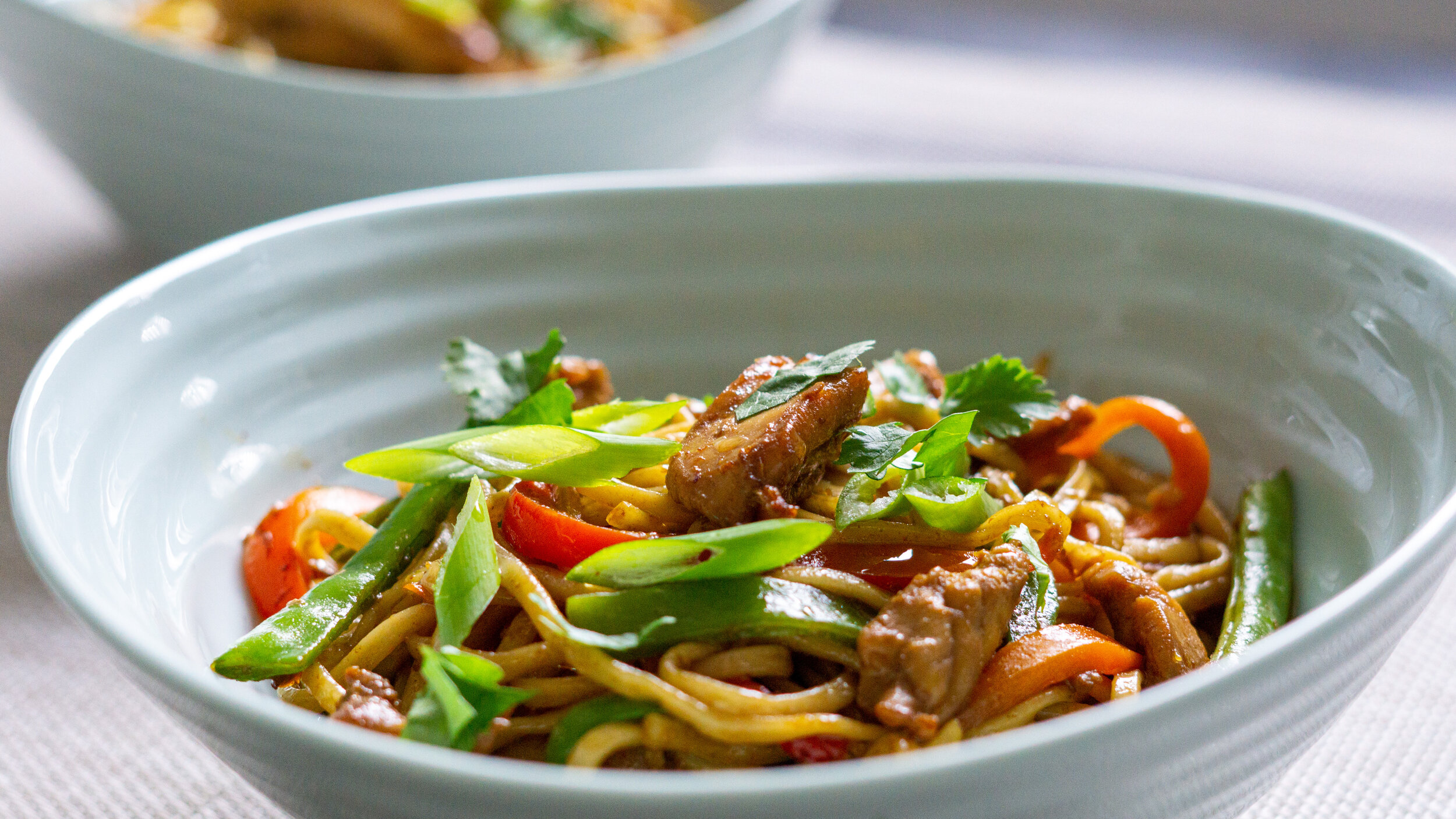 Bowl of stir-fried noodles with chicken, vegetables, and green onions.