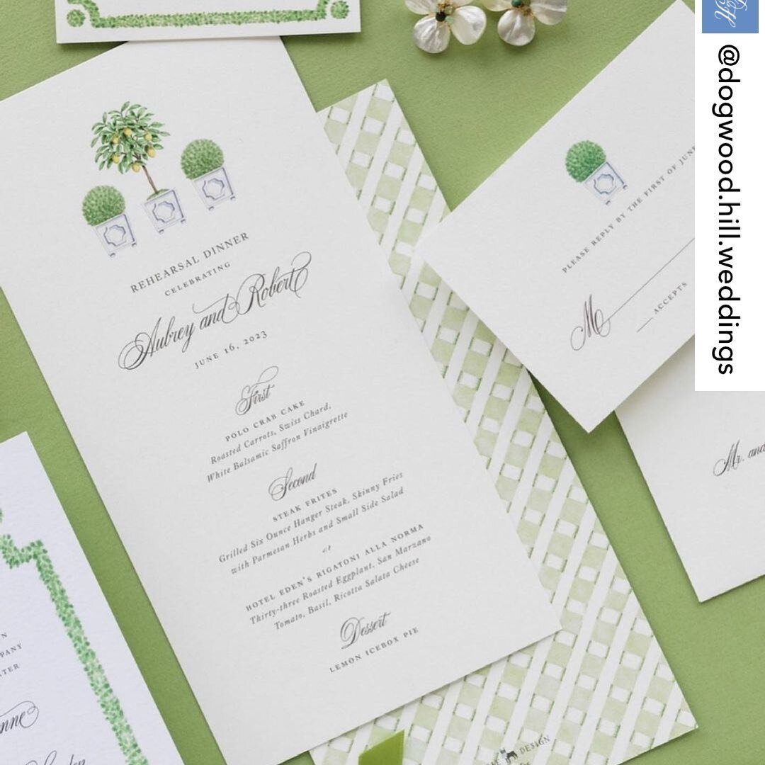 Repost from @dogwood.hill.weddings using repost_now_app - Topiaries abound in our Parterre Wedding Collection, which features artwork by @shanna.masters.designs 💚 Plus we can&rsquo;t get enough of that gorgeous lattice artwork 😍💚 Click the link in