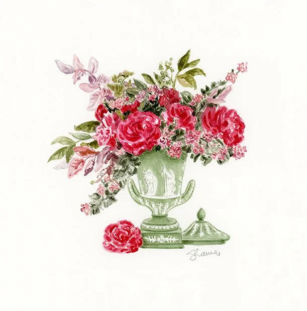 Florals in Green Jasperware Urn original watercolor painting