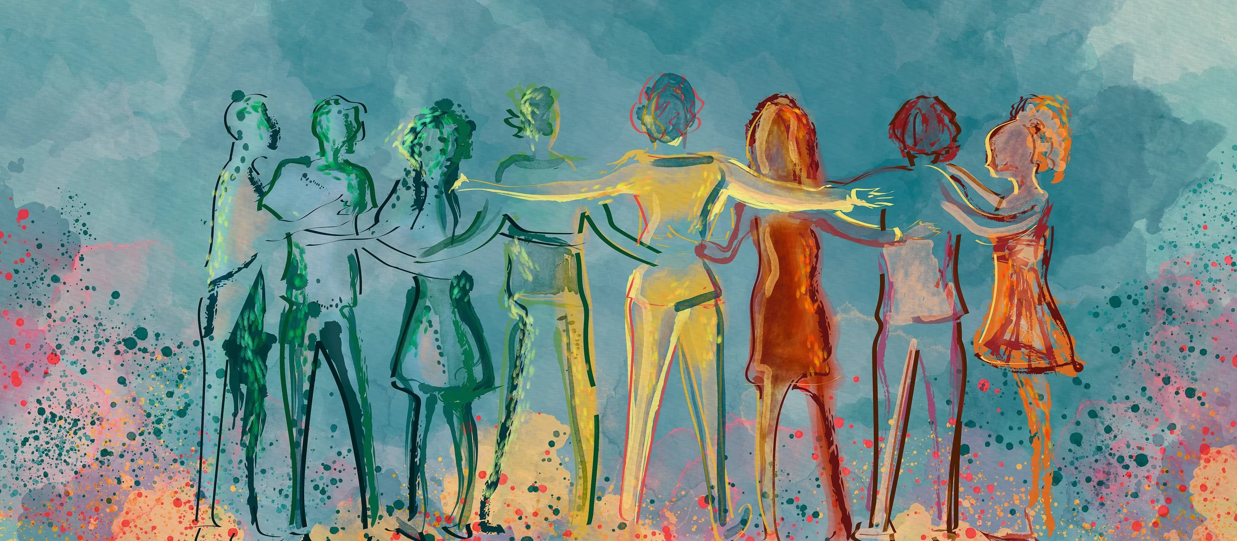 People holding hands in illustration