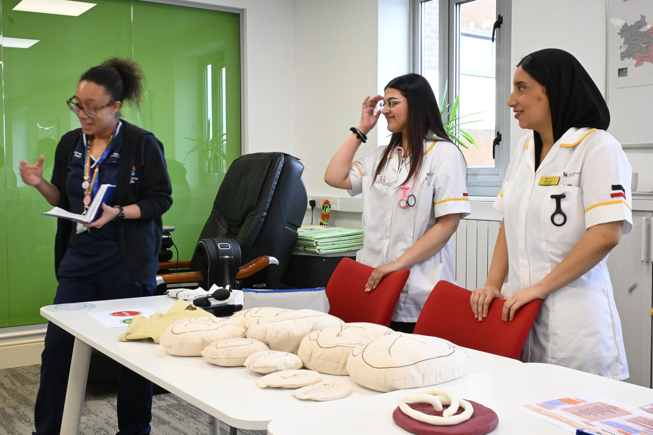 Midwifery team from Birmingham City University explaining maternity care to students
