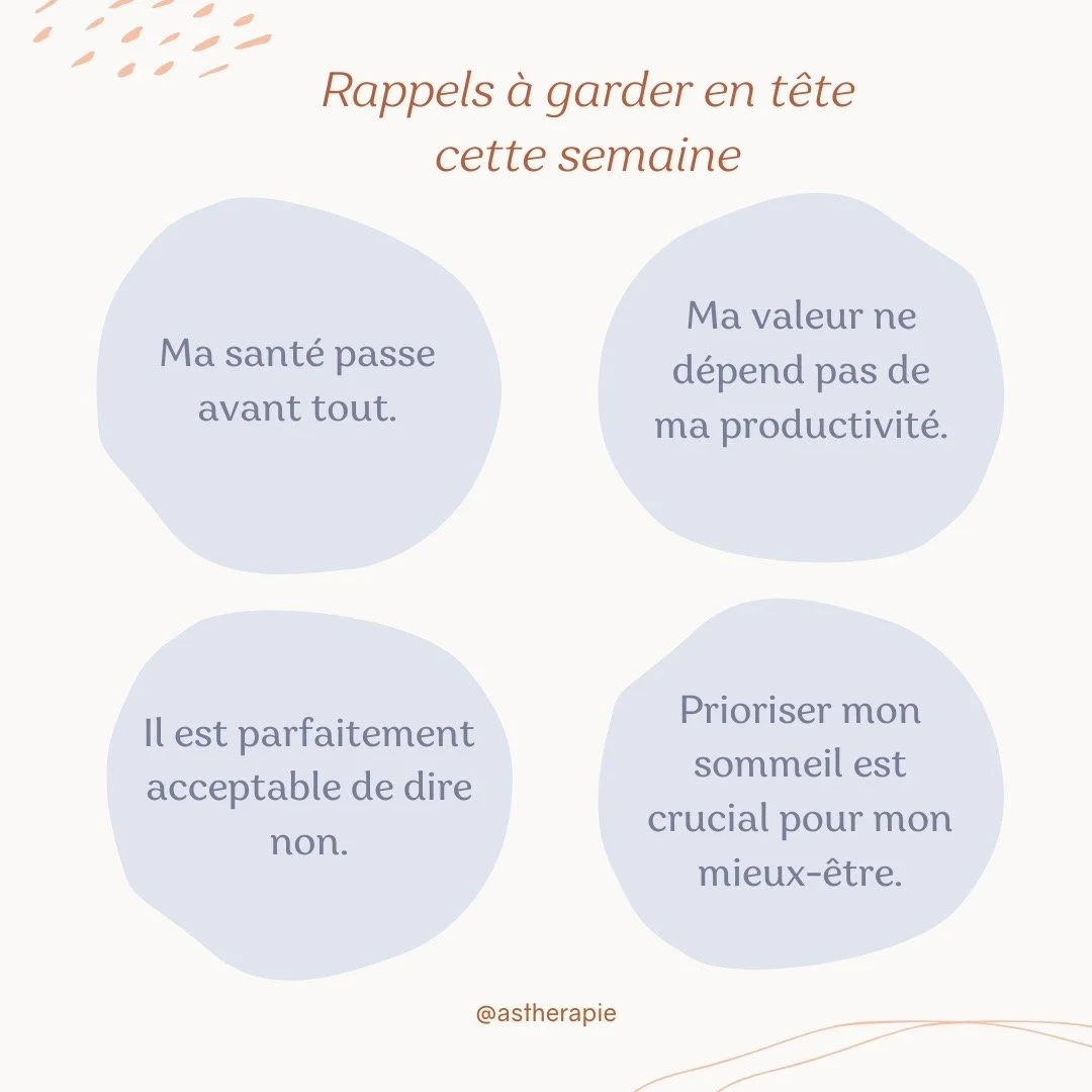 Doux lundi &agrave; vous! Voici quelques rappels pour une semaine en toute s&eacute;r&eacute;nit&eacute; ✨

🌸 Ma sant&eacute; passe avant tout. Prendre soin de moi est ma priorit&eacute; absolue, m&ecirc;me si cela signifie laisser certaines t&acirc