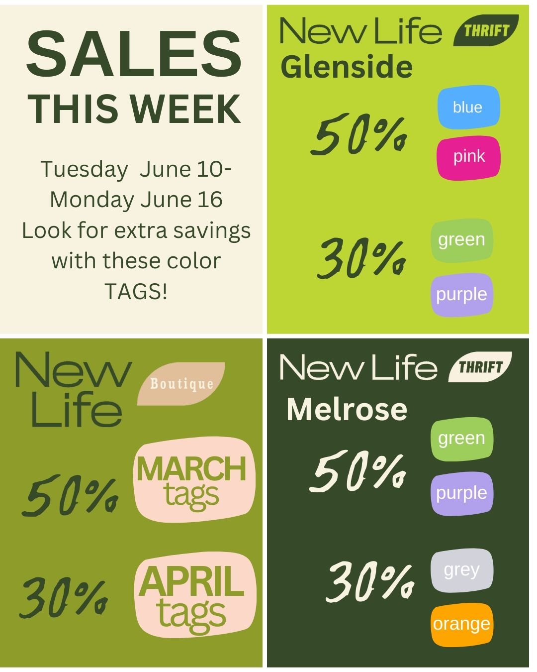 Another blissful week of thrifting is here!!!

Check out the tag colors on sale this week:
GLENSIDE:
50% off: PINK and BLUE 
30% off: GREEN  and PURPLE
GLENSIDE:
50% off: GREEN  and PURPLE
30% off: GREY and ORANGE
BOUTIQUE:
50% off: MARCH 
30% off: A