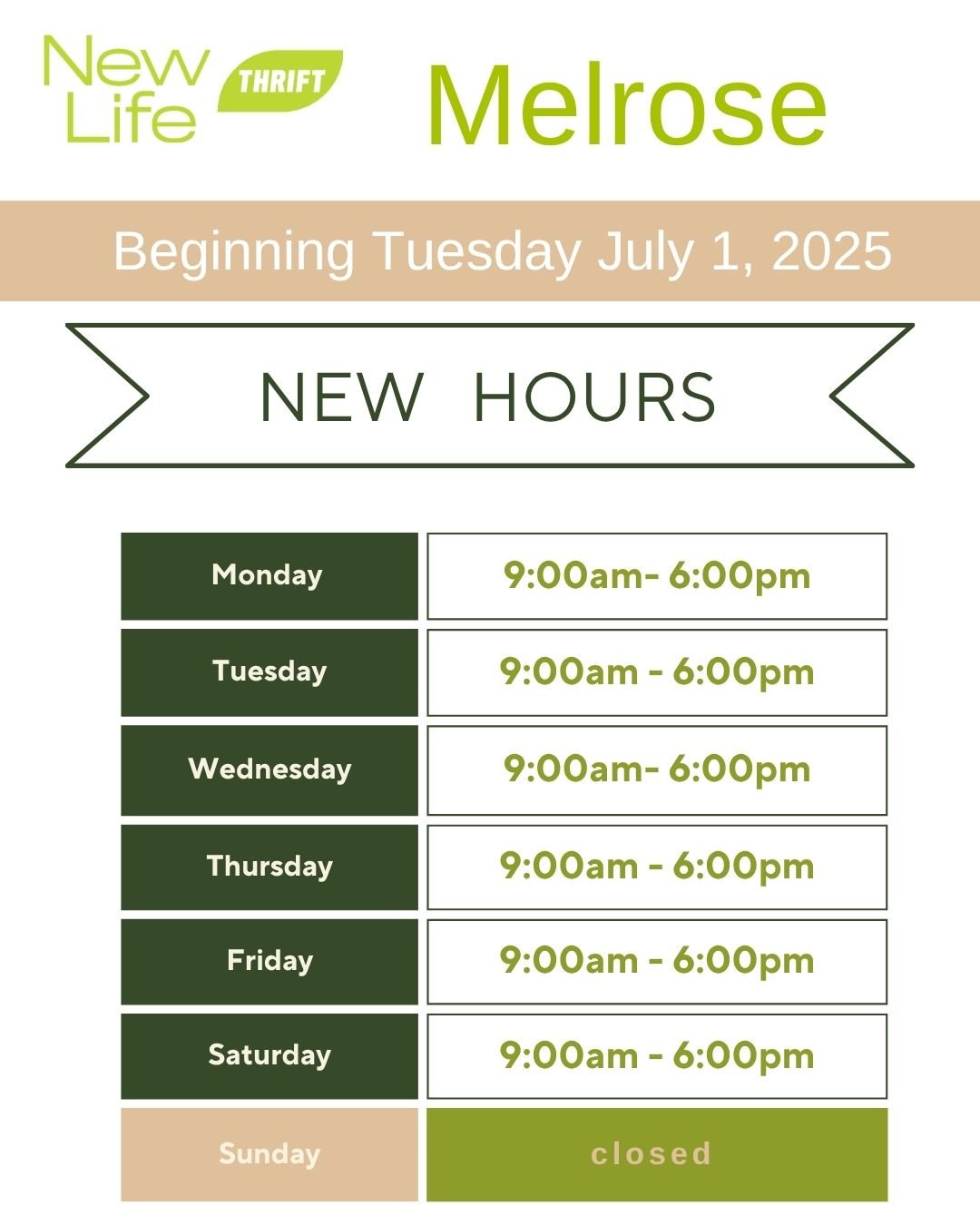 Beginning July 1, 2025 our Melrose store will be open 9 am - 6 pm Monday - Saturday!