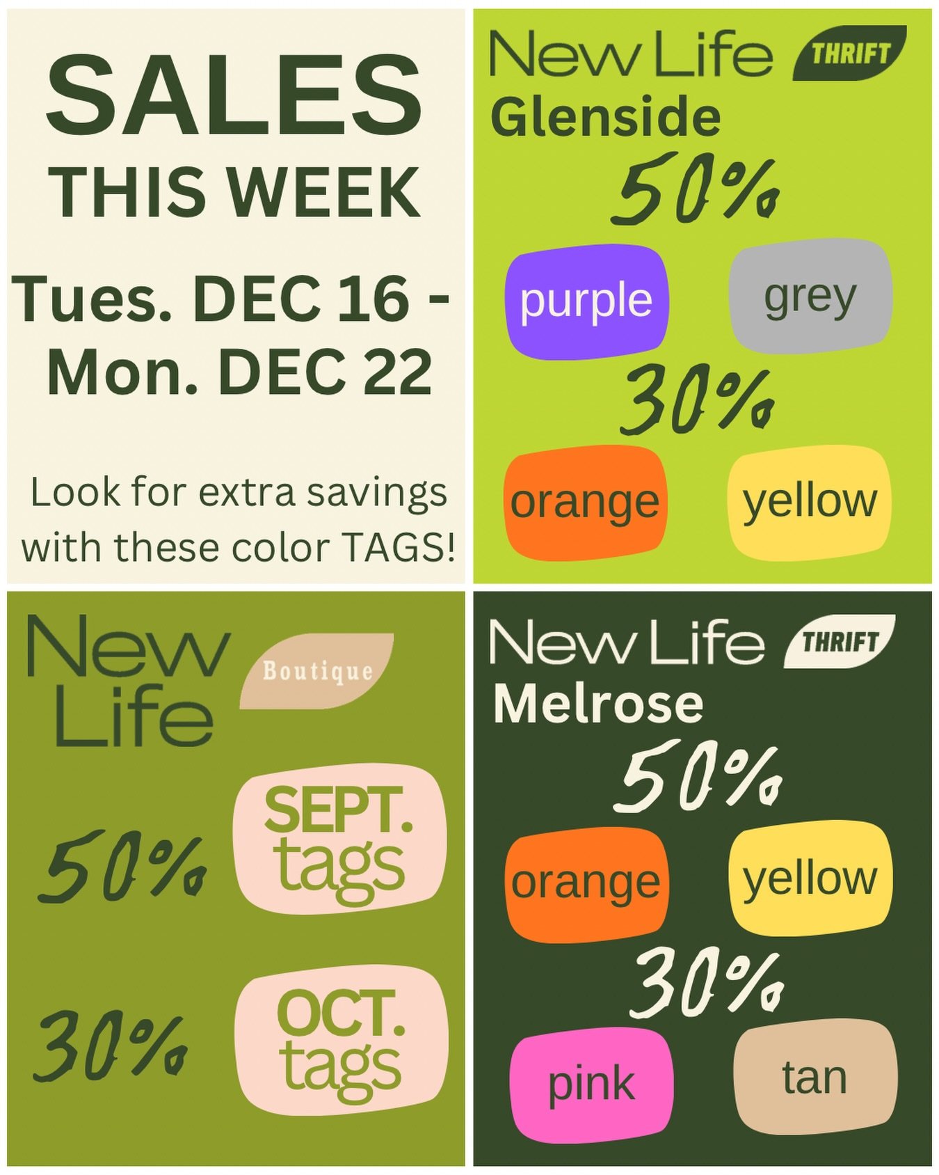 New week of sales! Find these tags @ these locations for some discounts 💚💚💚

📍Glenside &bull; 30% off orange &amp; yellow tags / 50% off purple &amp; grey tags
📍Melrose &bull; 30% off pink &amp; tan tags / 50% off orange &amp; yellow tags
📍Bout