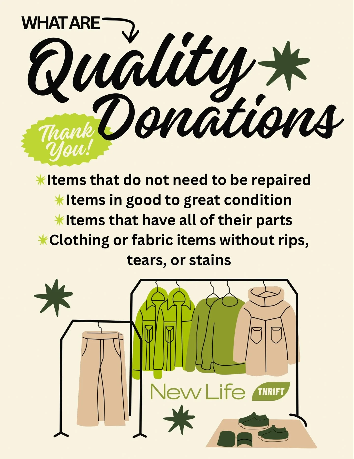 When donating to our thrift store (or any other ones!) consider the quality of your donations. Here are some helpful guidelines when preparing your donations &rarr; 

✷ Items that do not need to be repaired
✷ Items in good to great condition
✷ Items 