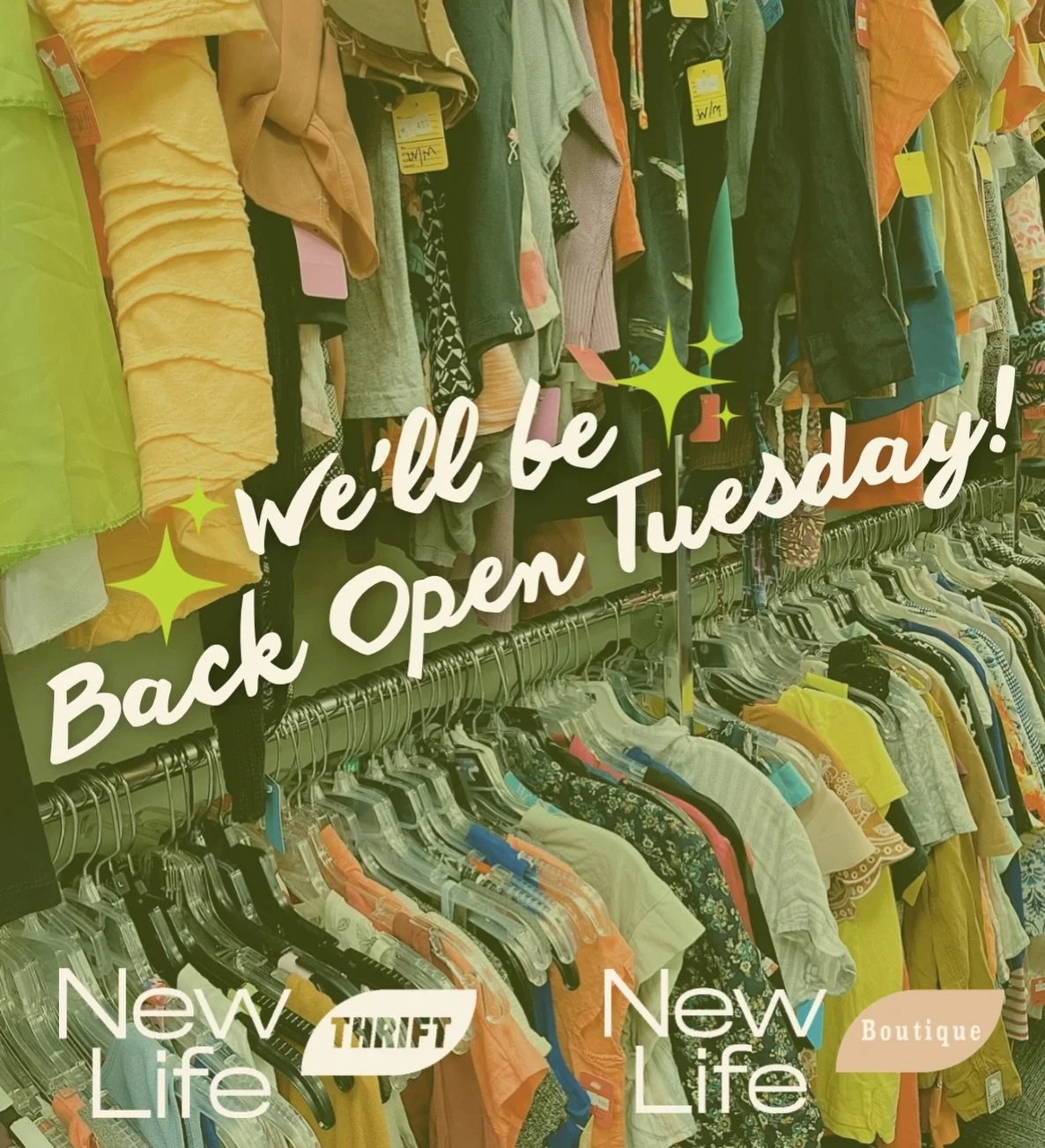 Back open tomorrow, Tuesday 1/27/26, at all three locations! 

New tag sales will start Wednesday. Stop in and thrift if you need something to do on your 2nd (3rd?!) snow day! 
⛄️💚
