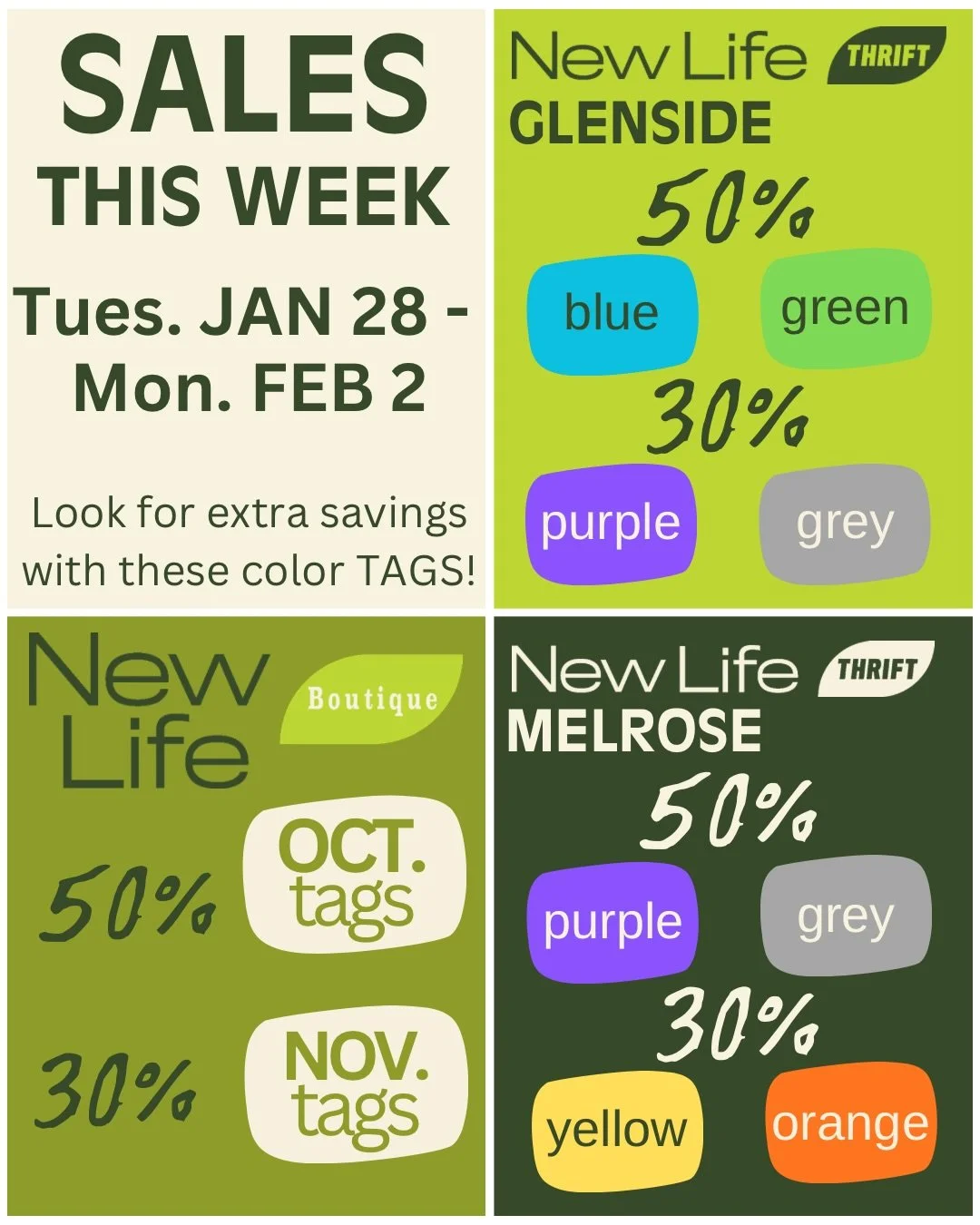 New tag sales start tomorrow, Wednesday 1/28! Boutique sales change on Monday 2/2 (next slide) ✨

📍Glenside &bull; 30% off purple &amp; grey tags / 50% off blue &amp; green tags
📍Melrose &bull; 30% off yellow &amp; orange tags / 50% off purple &amp
