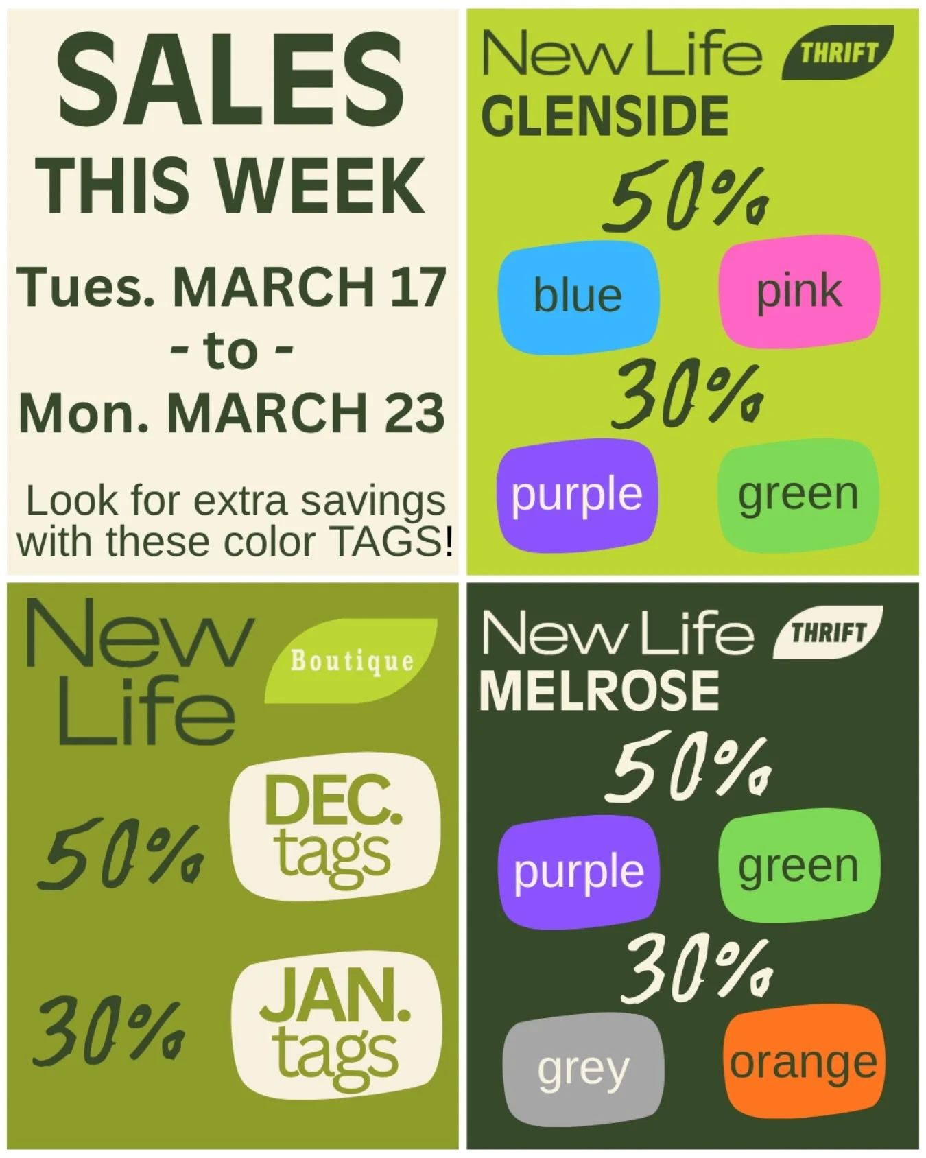 New week 🔜 New sales! Starting tomorrow ☘️

📍Glenside &bull; 30% off purple &amp; green tags / 50% off blue &amp; pink tags
📍Melrose &bull; 30% off grey &amp; orange tags / 50% off purple &amp; green tags
📍Boutique &bull; 30% off January tags / 5