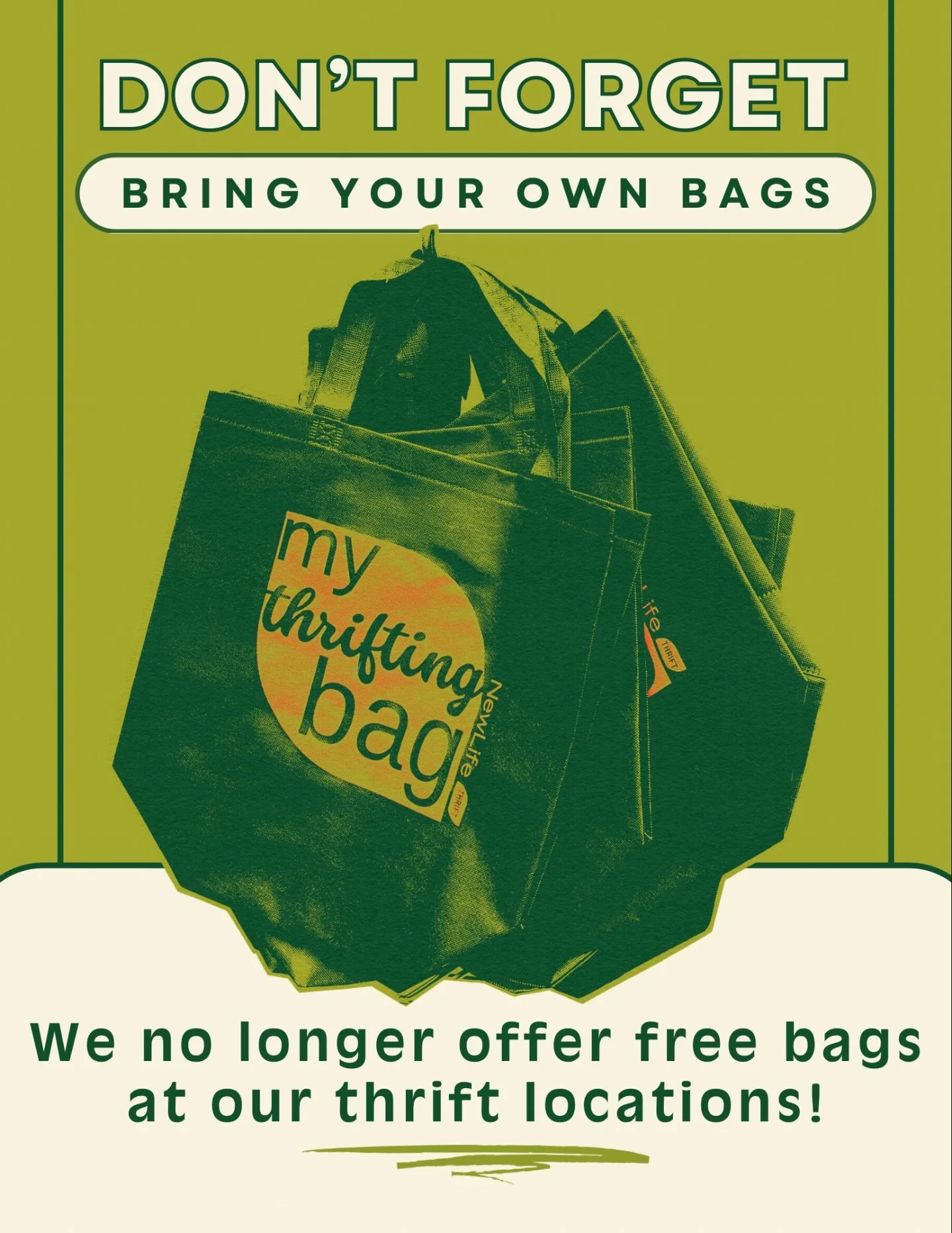 Attn 📢 Just a reminder that we no longer provide bags at all three of our locations! Please bring your shopping bags with you when you come thrifting 🙏 

Each store has our big NLT &lsquo;My Thrifting Bag&rsquo; bags for sale if you need one!