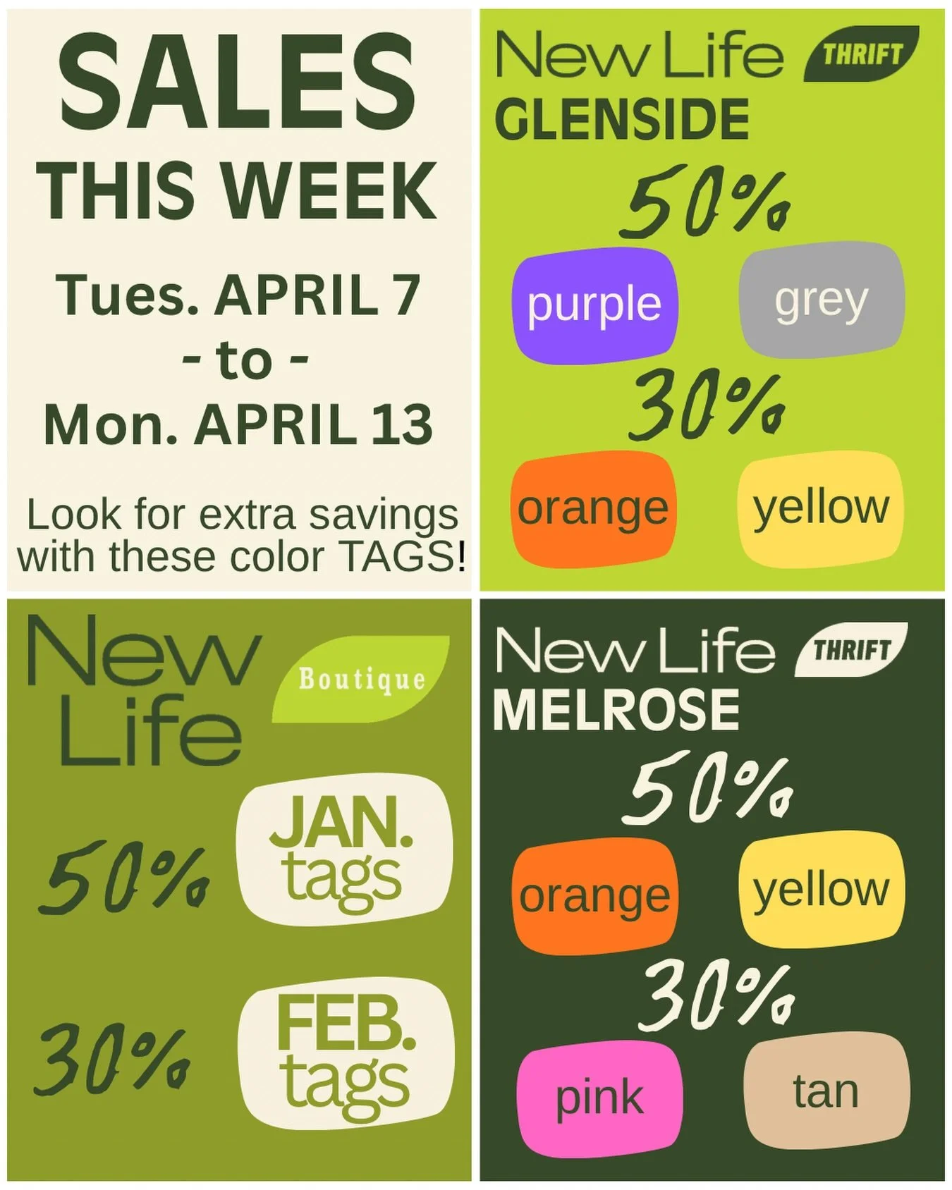 New week of sales starts Tuesday 4/7! 🌸🌸🌸

📍Glenside &bull; 30% off orange &amp; yellow tags / 50% off purple &amp; grey tags
📍Melrose &bull; 30% off pink &amp; tan tags / 50% off orange &amp; yellow tags
📍Boutique &bull; 30% off February tags 
