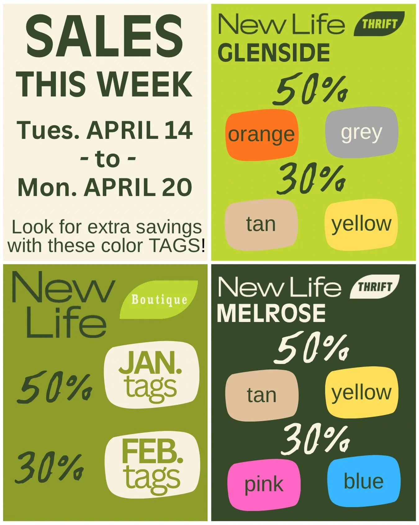 Happy Monday ☀️☀️☀️ New sales at the thrifts start tomorrow 👉

📍Glenside &bull; 30% off tan &amp; yellow tags / 50% off orange &amp; grey tags
📍Melrose &bull; 30% off pink &amp; blue tags / 50% off tan &amp; yellow tags
📍Boutique &bull; 30% off F