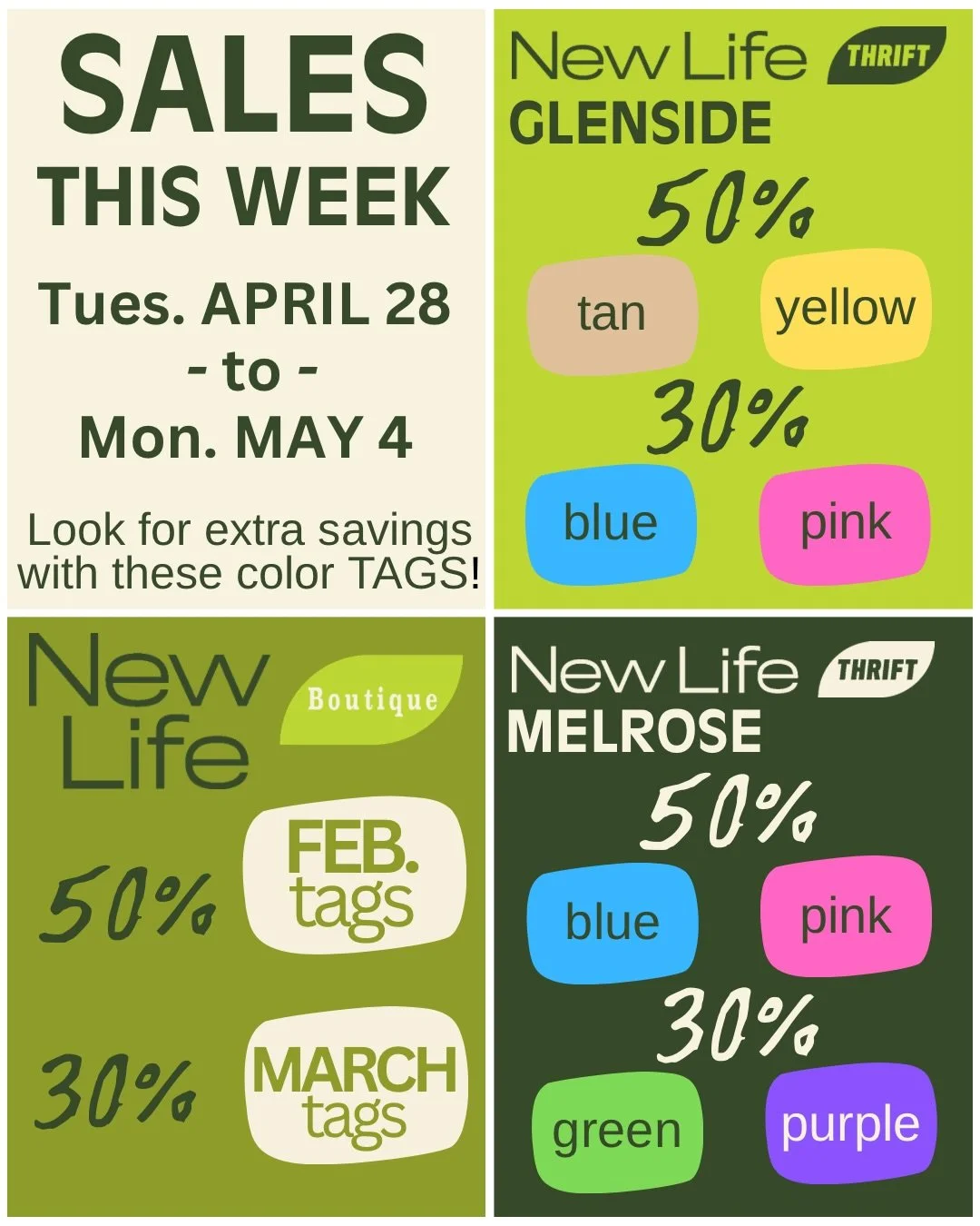 New thrift sales start tomorrow (Tuesday) and new tag sales at the Boutique start Friday! ✨

📍Glenside &bull; 30% off blue &amp; pink tags / 50% off tan &amp; yellow tags
📍Melrose &bull; 30% off green &amp; purple tags / 50% off blue &amp; pink tag