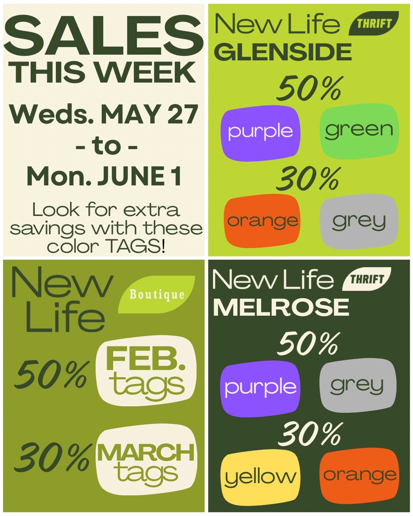 New sales this week start Wednesday 5/27! 

📍Glenside &bull; 30% off orange &amp; grey tags / 50% off purple &amp; green tags
📍Melrose &bull; 30% off yellow &amp; orange tags / 50% off purple &amp; grey tags
📍Boutique &bull; 30% off March tags / 5