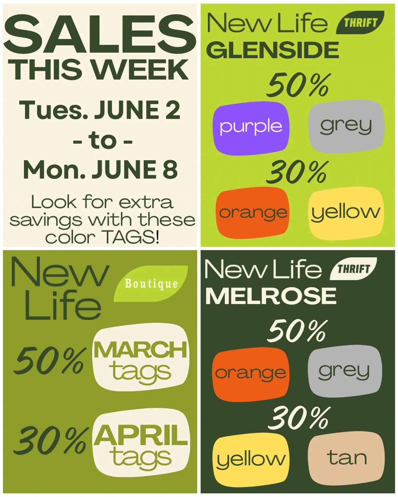Happy Monday! New sales kick in tomorrow - Tuesday 6/2 ✨✨✨ New sales at our Boutique, too!

📍Glenside &bull; 30% off orange &amp; yellow tags / 50% off purple &amp; grey tags
📍Melrose &bull; 30% off yellow &amp; tan tags / 50% off orange &amp; grey