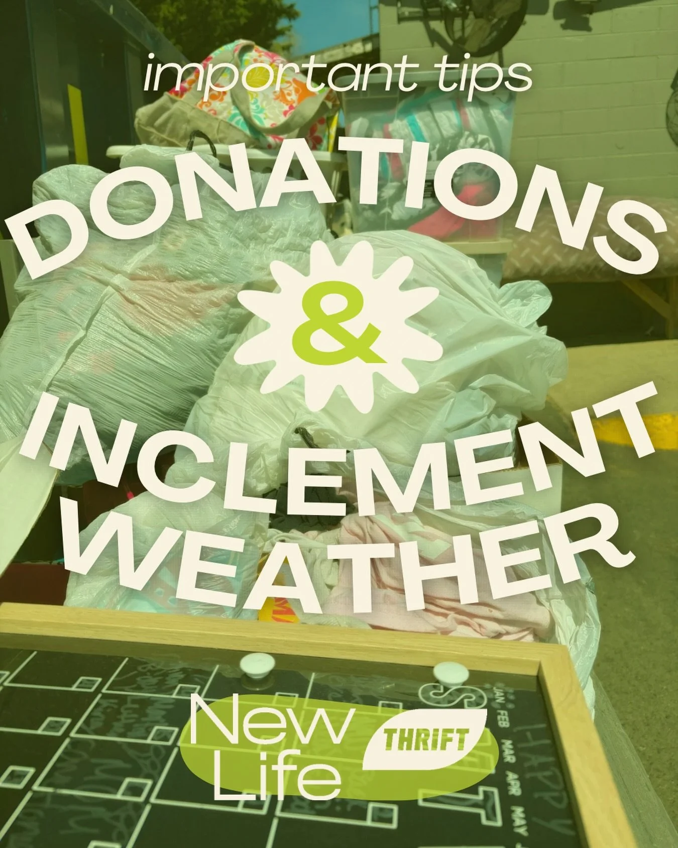 Dearest Patrons- please read this important message regarding dropping off donations,

On days when the weather is wet, windy, or snowy we ask that you do NOT leave donations at our donation areas unattended. Please allow someone from our team to ass