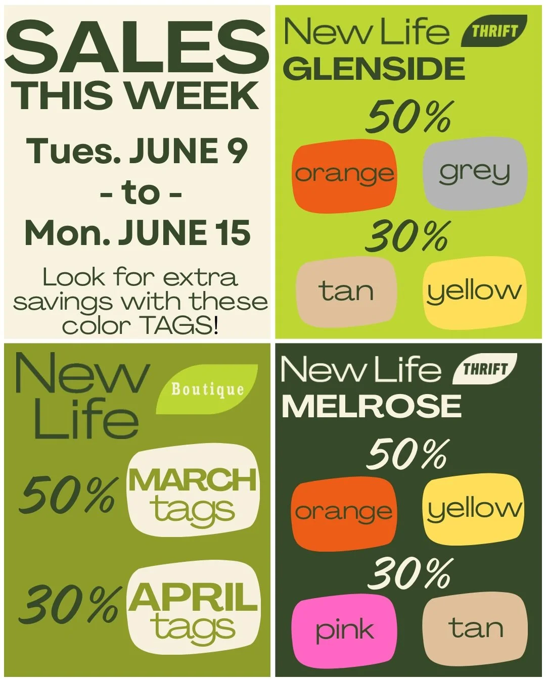 New sales start tomorrow PLUS a little announcement! This week (6/8-6/13) we won&rsquo;t be accepting CLOTHING donations at our Melrose locations. Other donations are fine during donation hours! 

📍Glenside &bull; 30% off tan &amp; yellow tags / 50%
