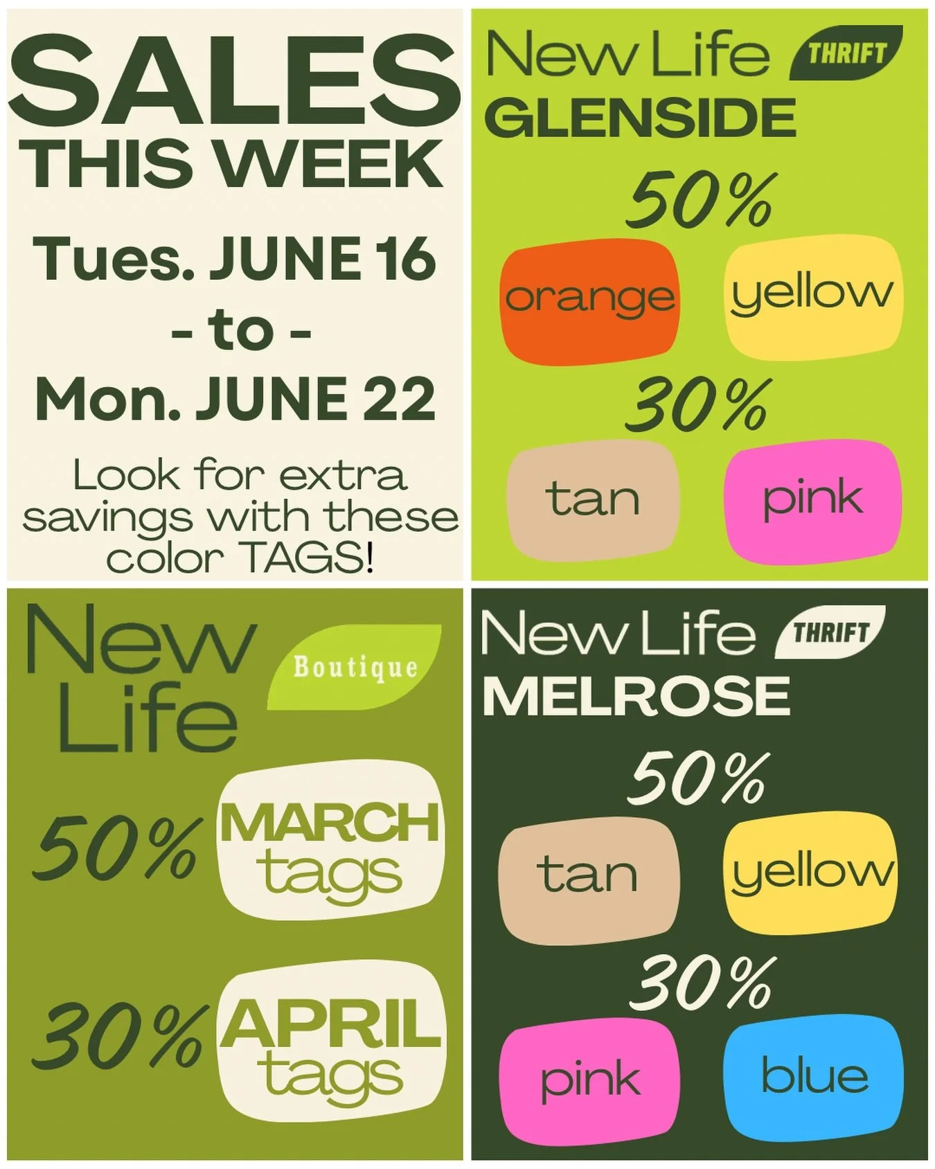 New tag sales start tomorrow! Check out any of our locations for some great finds 💚 

📍Glenside &bull; 30% off tan &amp; pink tags / 50% off orange &amp; yellow tags
📍Melrose &bull; 30% off pink &amp; blue tags / 50% off tan &amp; yellow tags
📍Bo