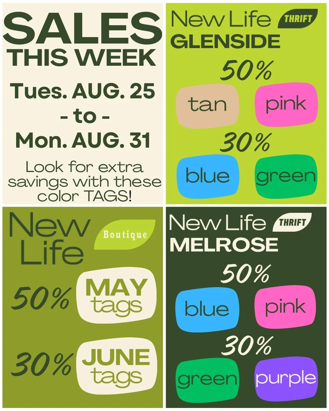 New sales start tomorrow &amp; our Summer Clothing Sale continues!! ☀️☀️☀️☀️☀️

📍Glenside &bull; 30% off blue &amp; green tags / 50% off tan &amp; pink tags
📍Melrose &bull; 30% off green &amp; purple tags / 50% off blue &amp; pink tags
📍Boutique &