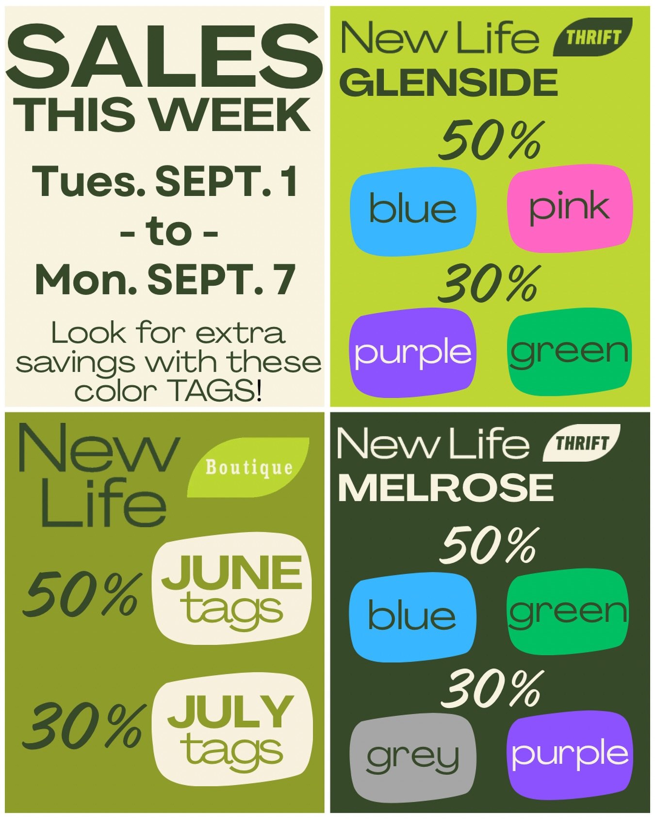 Newwwww Sales start Tuesday 9/1! 🩵🩷💚🩶💜

📍Glenside &bull; 30% off purple &amp; green tags / 50% off blue &amp; pink tags
📍Melrose &bull; 30% off grey &amp; purple tags / 50% off blue &amp; green tags
📍Boutique &bull; 30% off July tags / 50% of