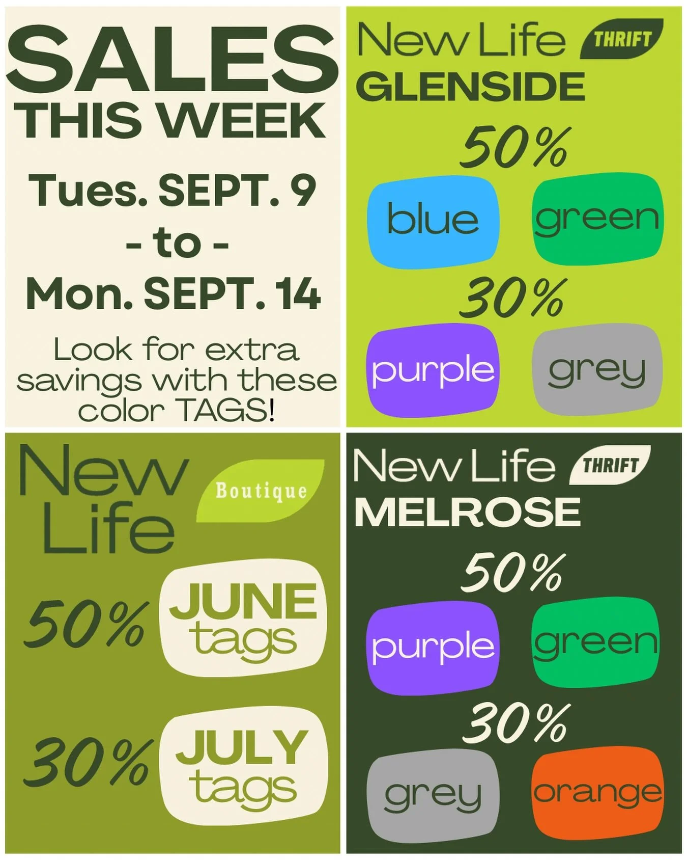 Happy Tuesday! Tomorrow our new sales go into effect ✨ 

📍Glenside &bull; 30% off purple &amp; grey tags / 50% off blue &amp; green tags
📍Melrose &bull; 30% off grey &amp; orange tags / 50% off purple &amp; green tags
📍Boutique &bull; 30% off July