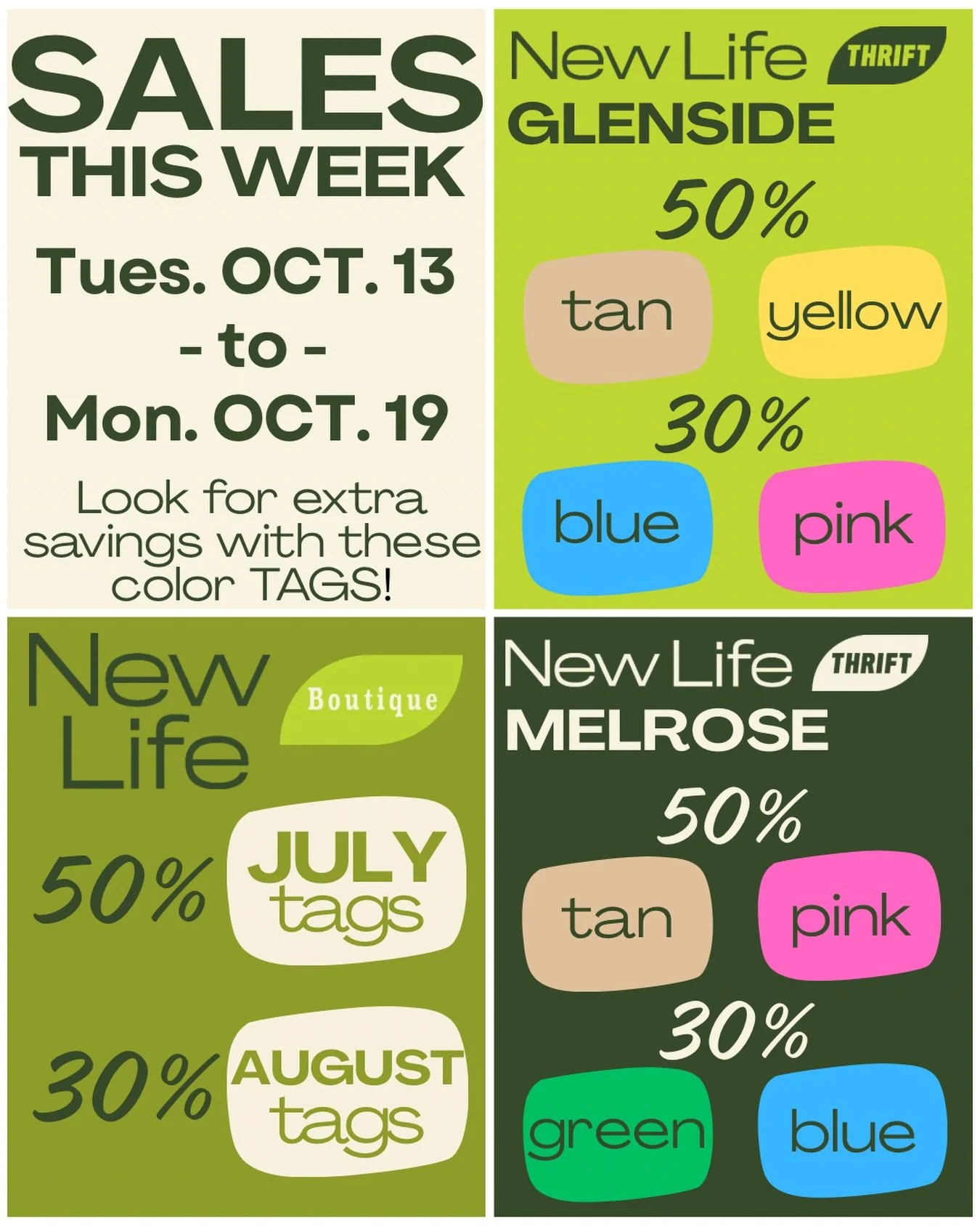 Tomorrow / Tuesday 10/13 new tag sales begin! 🤎💛🩷🩵💚

📍Glenside &bull; 30% off blue &amp; pink tags / 50% off tan &amp; yellow tags
📍Melrose &bull; 30% off green &amp; blue tags / 50% off tan &amp; pink tags 
📍Boutique &bull; 30% off August ta
