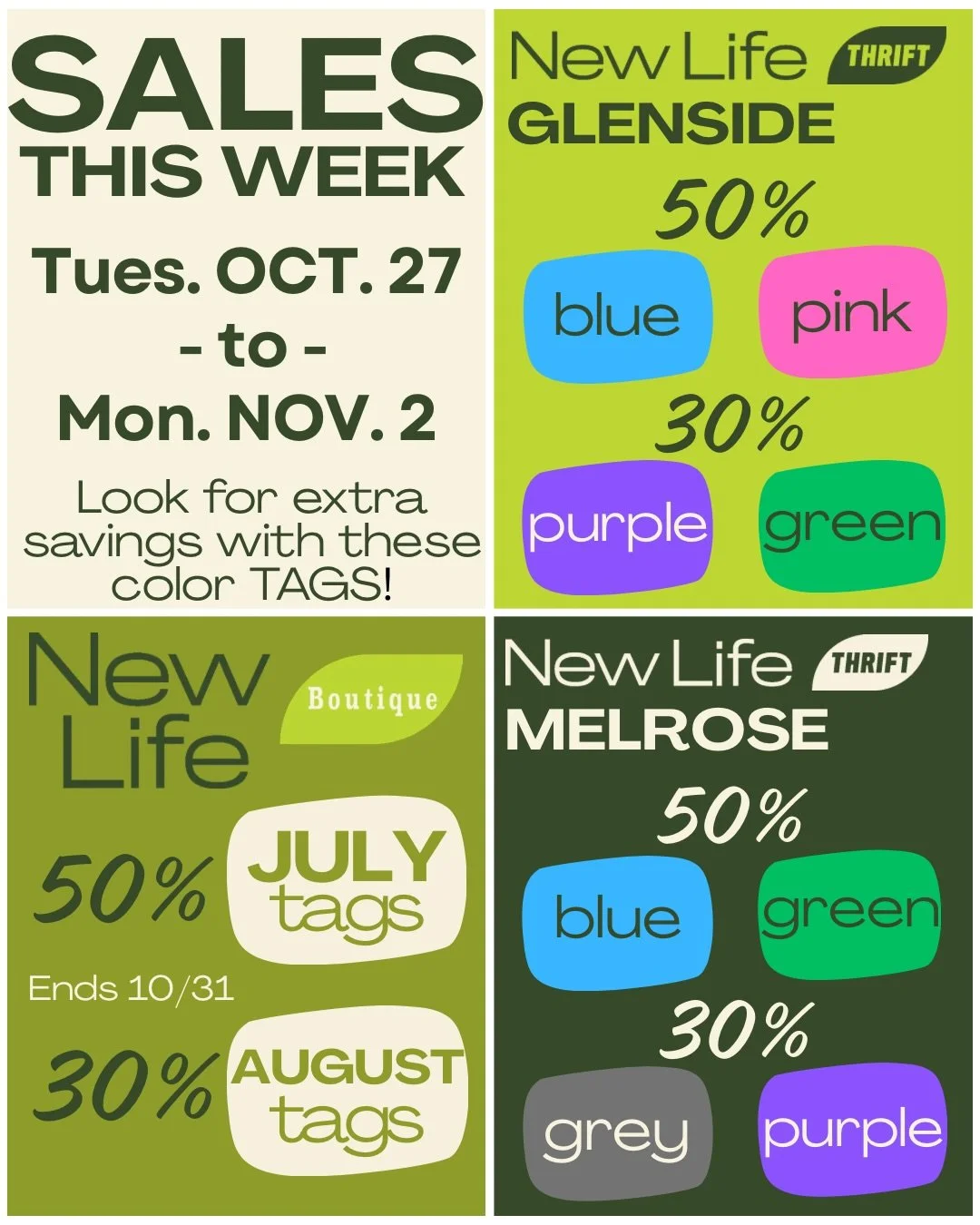 🆕 tag sales start tomorrow 10/27!
(New Boutique sales start next Monday 11/1)
ALSO ✨Our Melrose store hours are now 10am to 6pm Monday thru Saturday✨ 

📍Glenside &bull; 30% off purple &amp; green tags / 50% off blue &amp; pink tags
📍Melrose &bull;