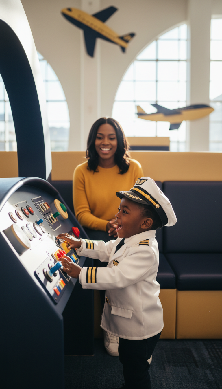 A young boy dressed as a pilot playing at an airplane control station with an african american woman watching and smiling in an airplane-themed play area with airplane models on the walls and large windows in the background.