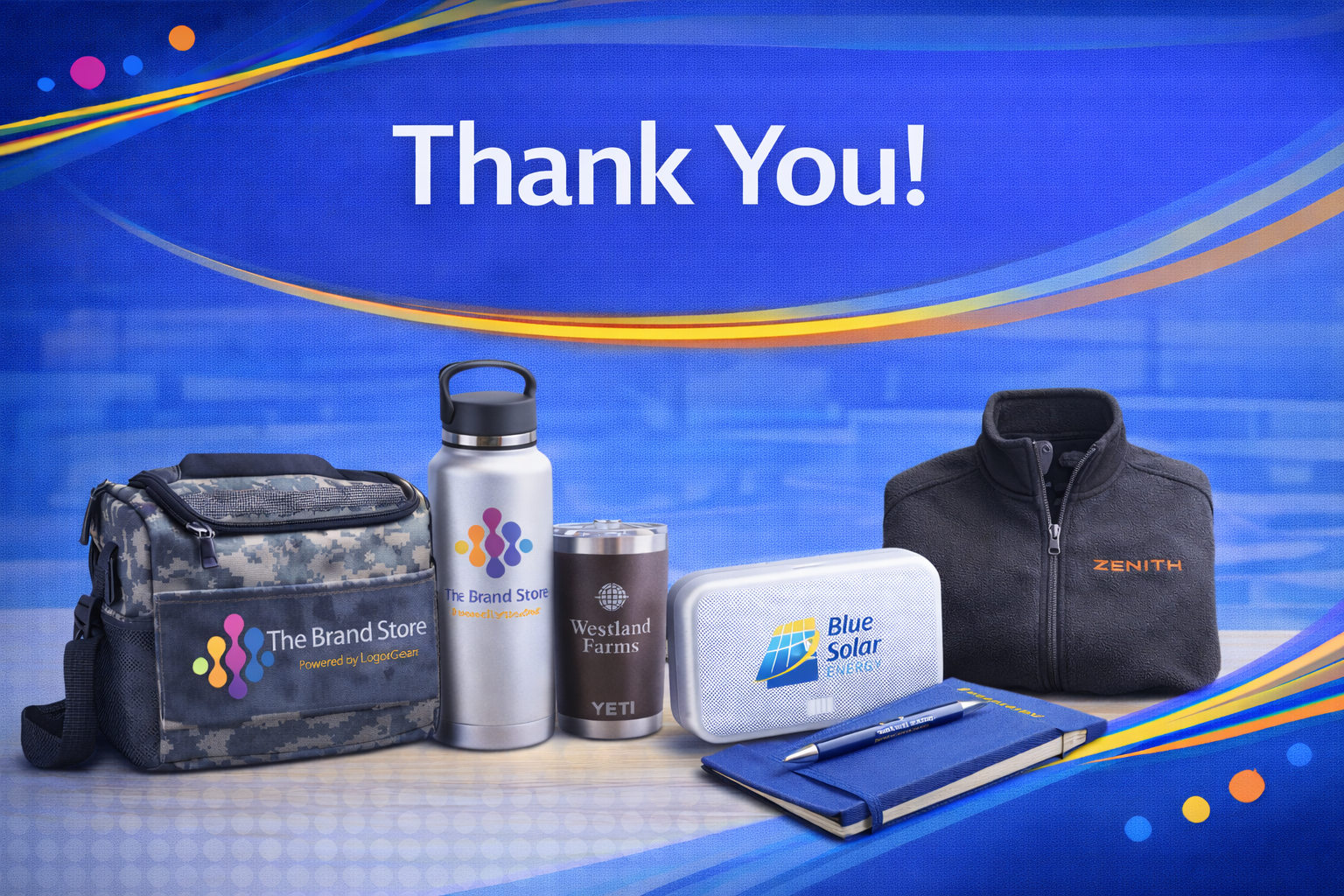 Thank you screen with promotional items including a camouflage bag, a silver water bottle, two tumblers, a white Bluetooth speaker, a black fleece jacket, a blue notebook with a pen, and a pen on a blue table, against a blue background with colorful design elements.
