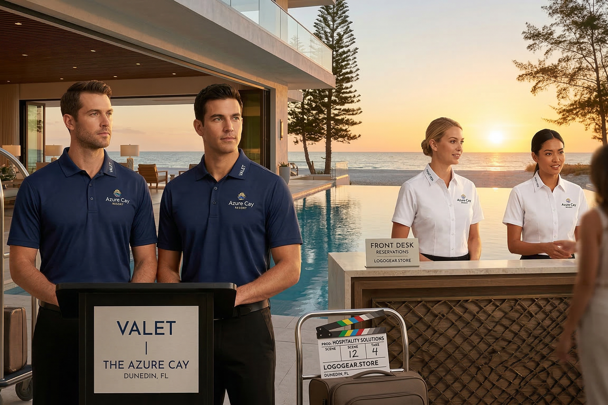 Resort staff at Azure Cay Resort check-in desk with front desk reservation sign, beside a pool overlooking the ocean at sunset, with two male staff members in blue shirts and two female staff members in white shirts, and a tourist with suitcase.