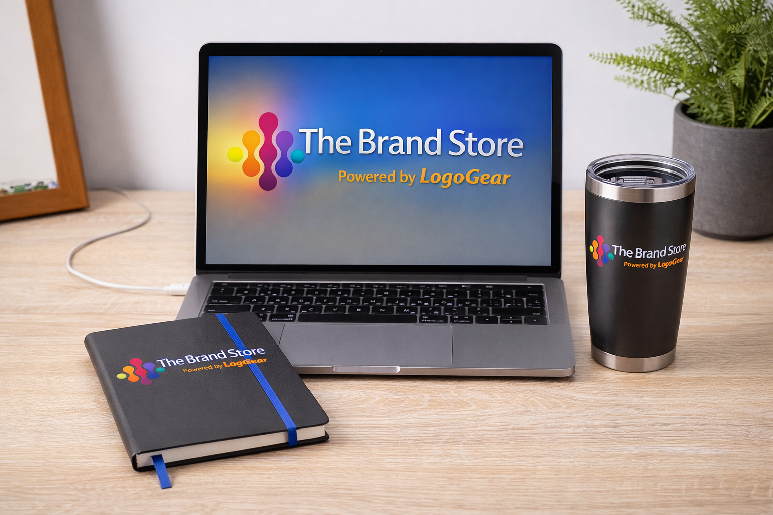 A laptop displaying 'The Brand Store Powered by LogoGear' on its screen. A notebook with the same logo, a branded travel mug, and a potted plant are on a wooden desk.