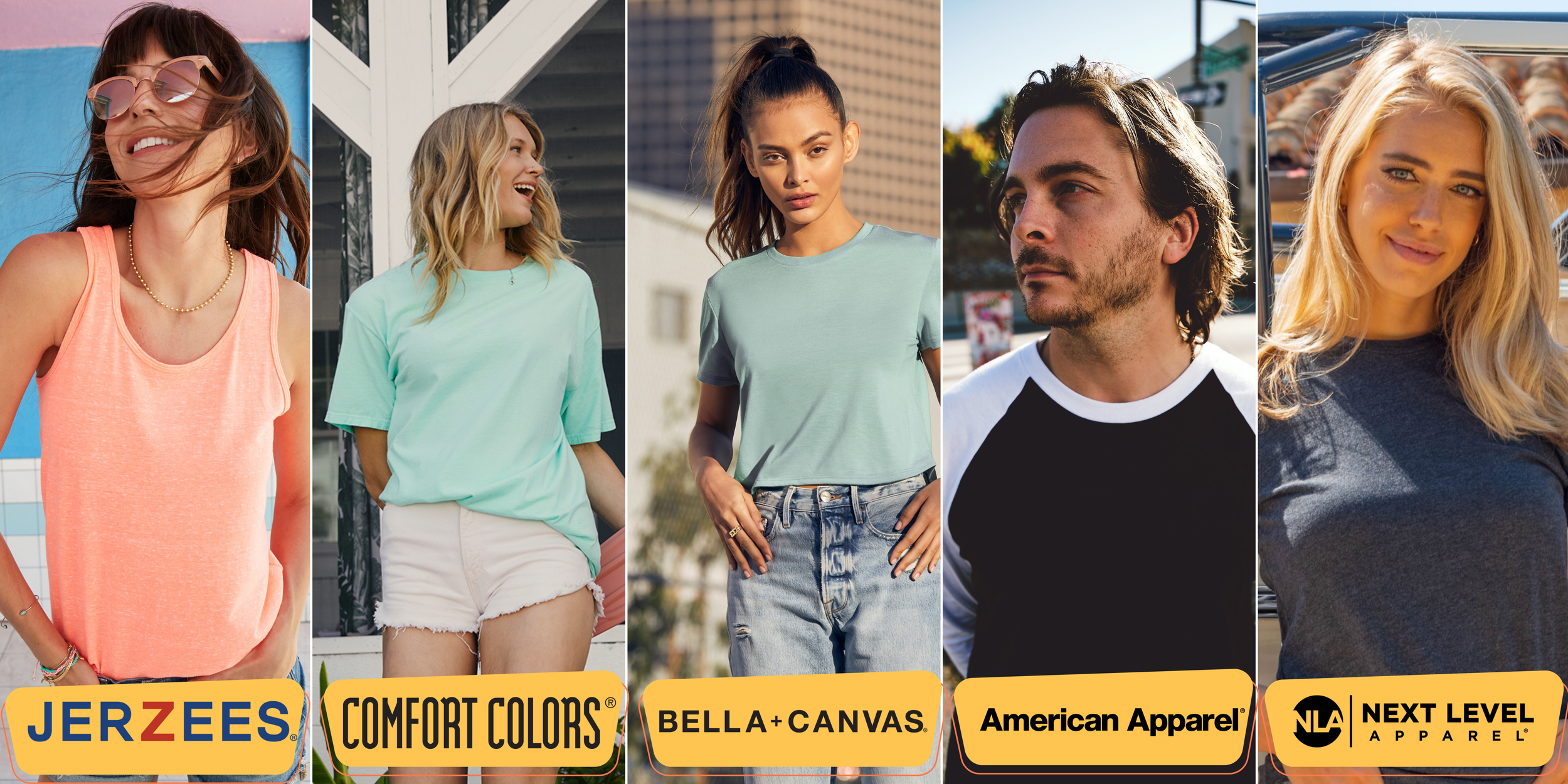 Five people standing outdoors, each wearing casual clothing, with brand logos at the bottom for Jerzees, Comfort Colors, Bella+Canvas, American Apparel, and Next Level Apparel.