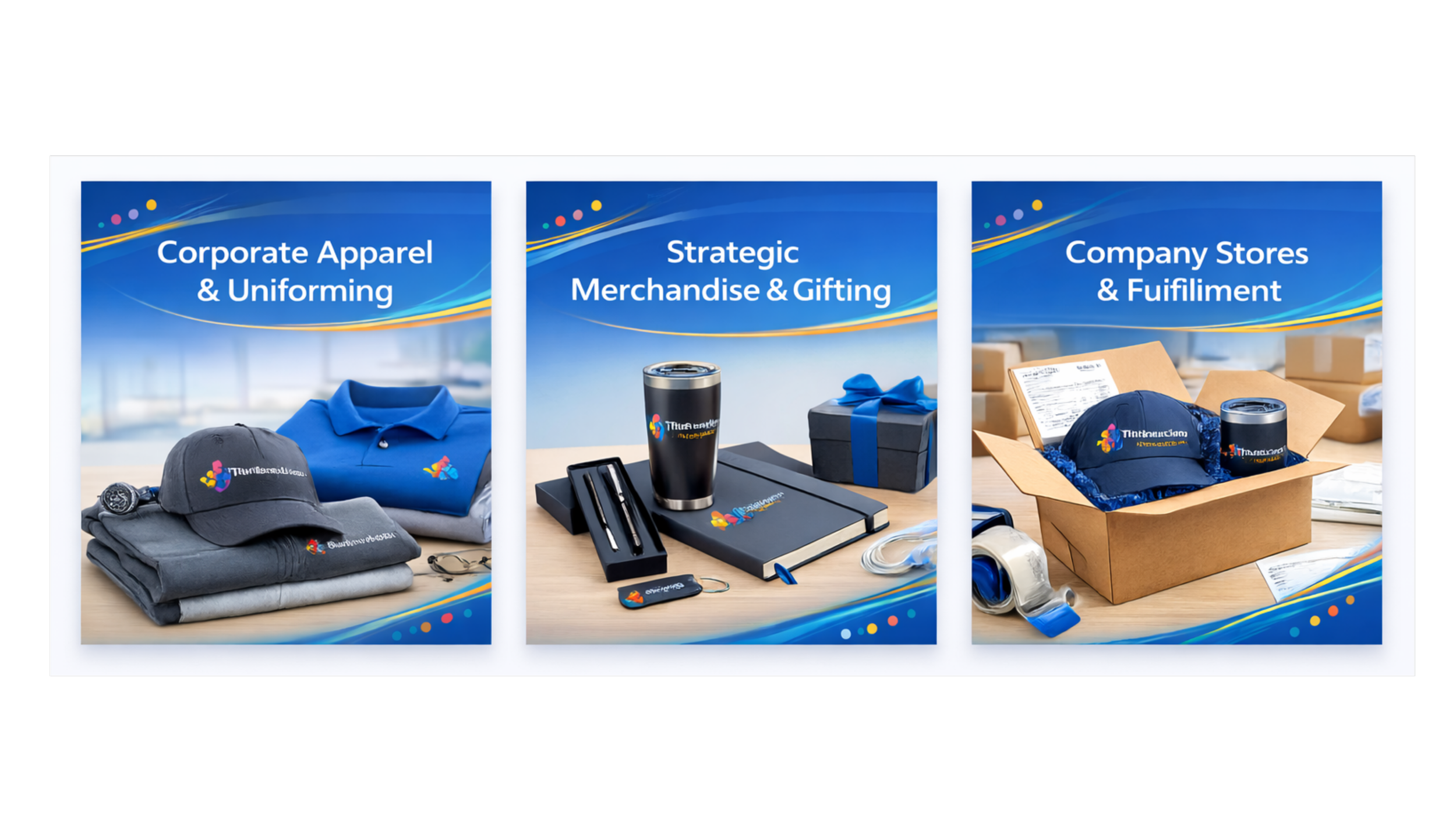 Three presentation slides featuring corporate apparel, merchandise, and shipping packaging. The first slide shows folded clothing and hats with company logos, the second displays branded notebooks, pens, and a tumbler, and the third depicts unpacked boxes with branded hats and packaging materials.