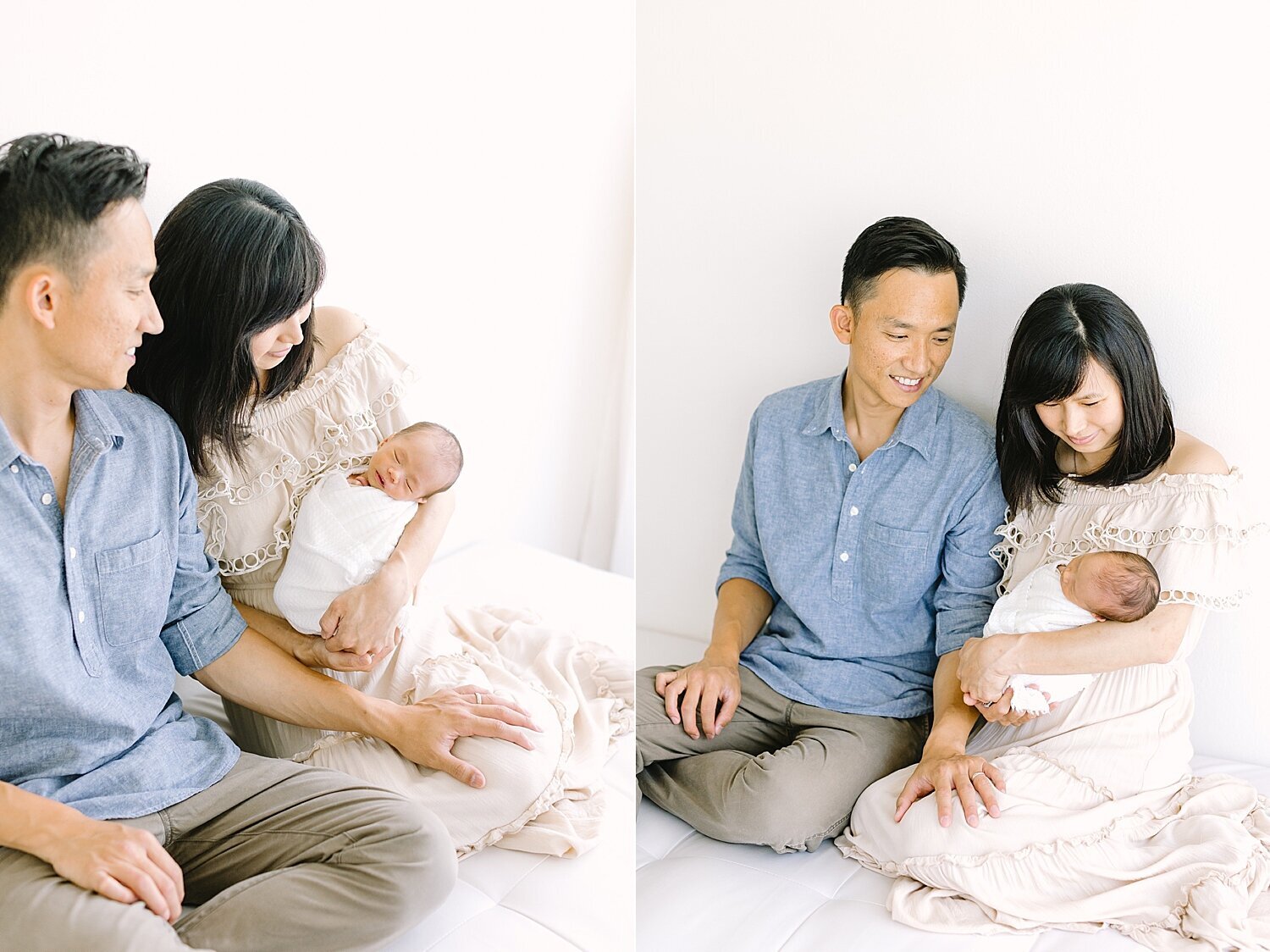 Mom and Dad with their newborn son in Newport Beach Photography Studio. Photos by Ambre Williams Photography.