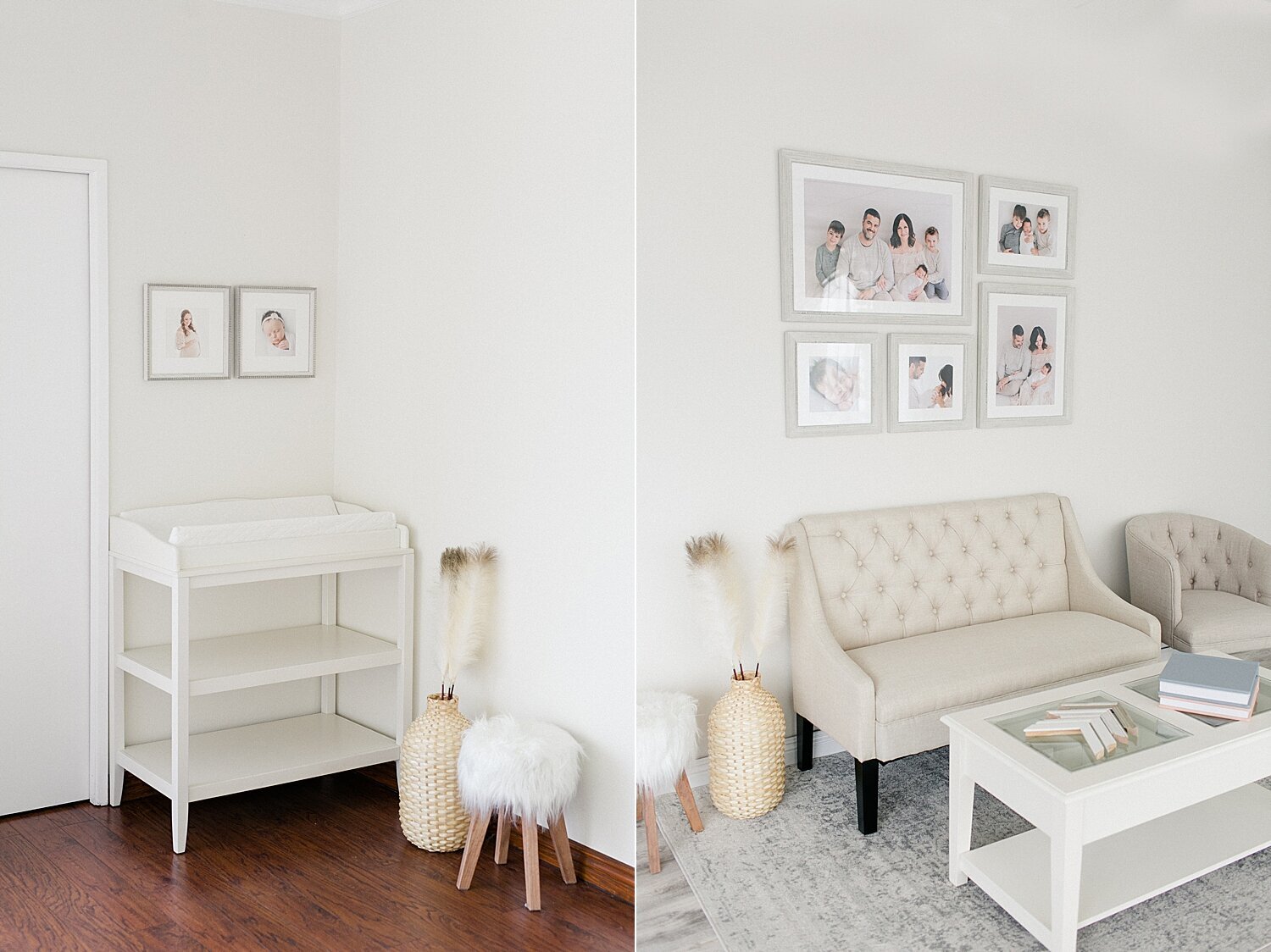 Sitting space and changing table area in Newport beach newborn photography studio | Ambre Williams Photography