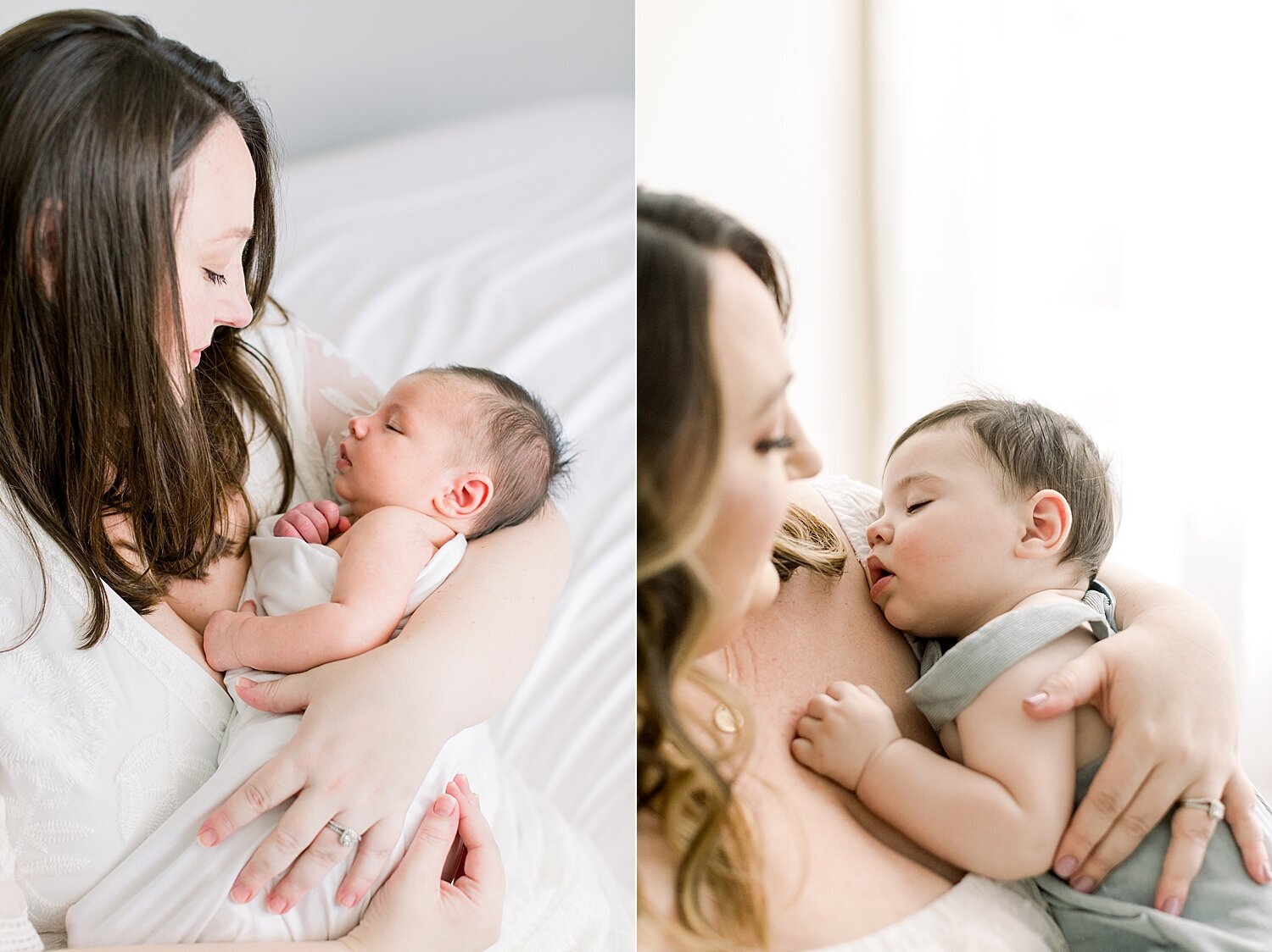 Side by side photo of baby at his newborn session and then 6 months later at a milestone session. Photos by Ambre Williams Photography.