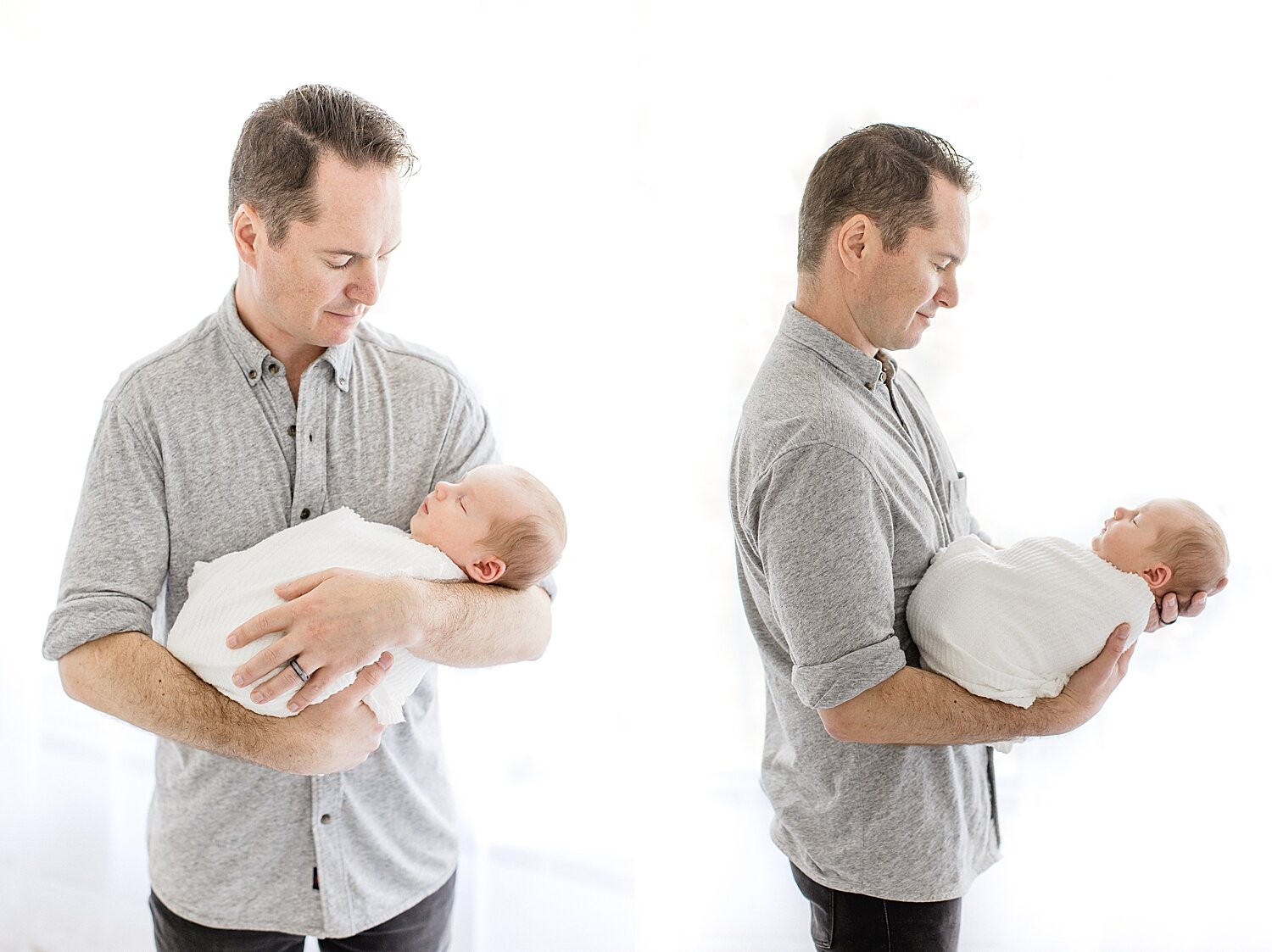 Dad with baby boy during newborn session in Newport Beach studio. Photo by Ambre Williams Photography.