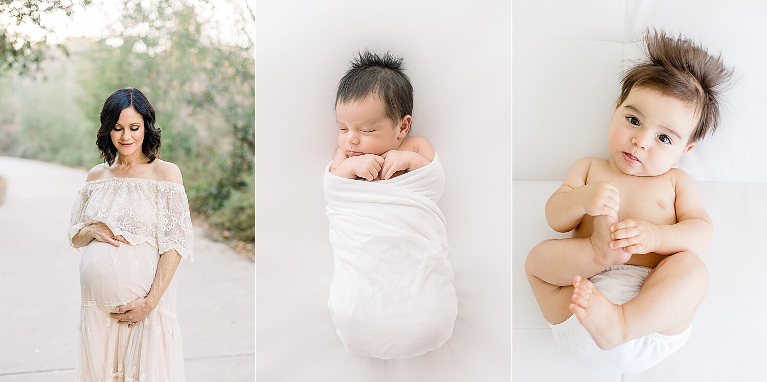 Side by side of maternity, newborn and six month photos of baby boy. Photos by Ambre Williams Photography.