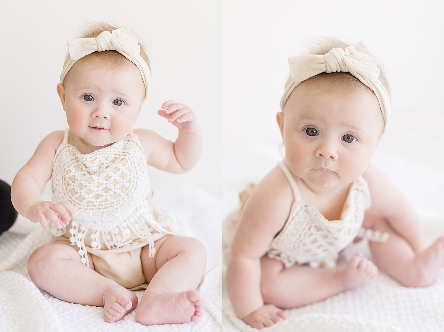 Baby girl sitting up for six month milestone session | Ambre Williams Photography