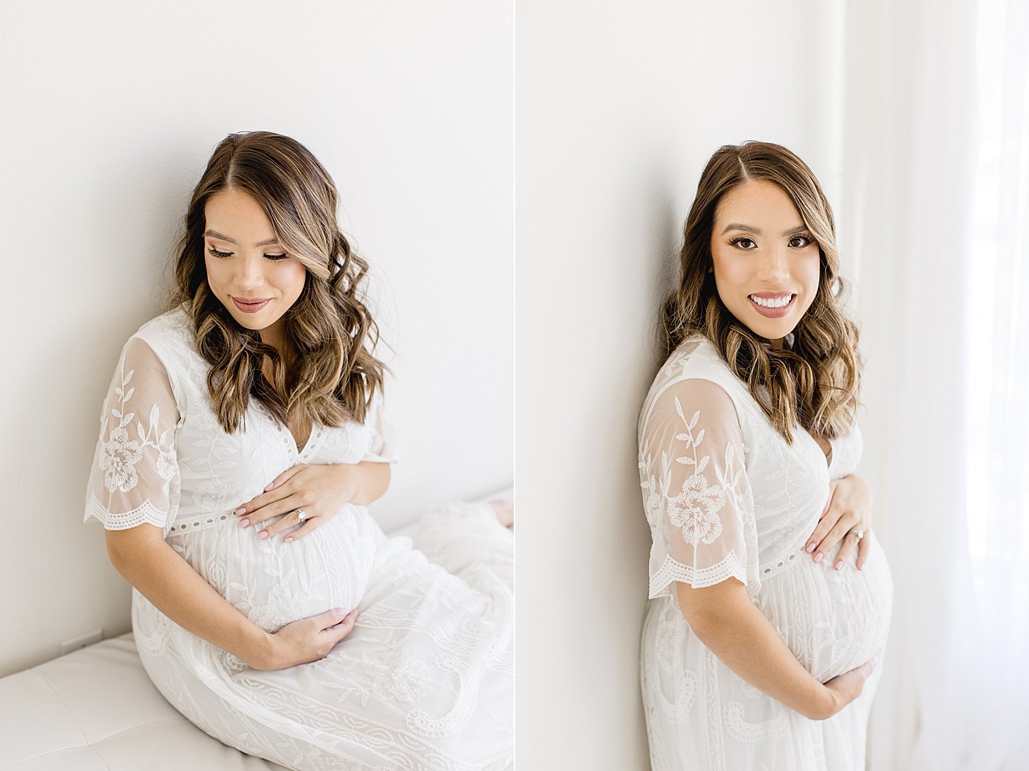 Expecting mom in beautiful white dress | Ambre Williams Photography